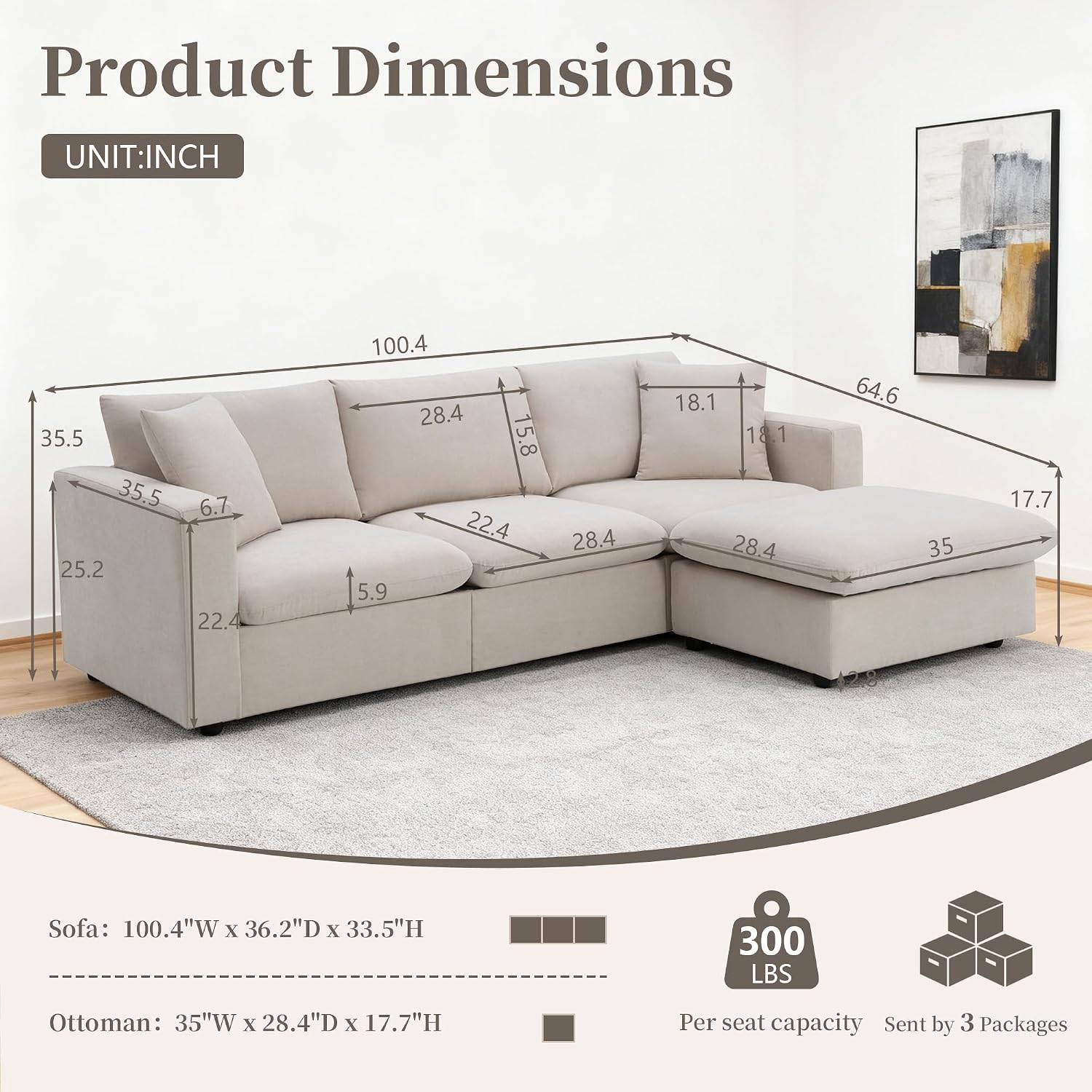 Tmsan 100.4' Beige Cloud Couches for Home Living Room Sofa Set, Modern L Shaped Sectional Couch with Convertible Ottoman, 4 Seater Comfy Polyester Fabric Modular Sofa for Apartment Bedroom Office