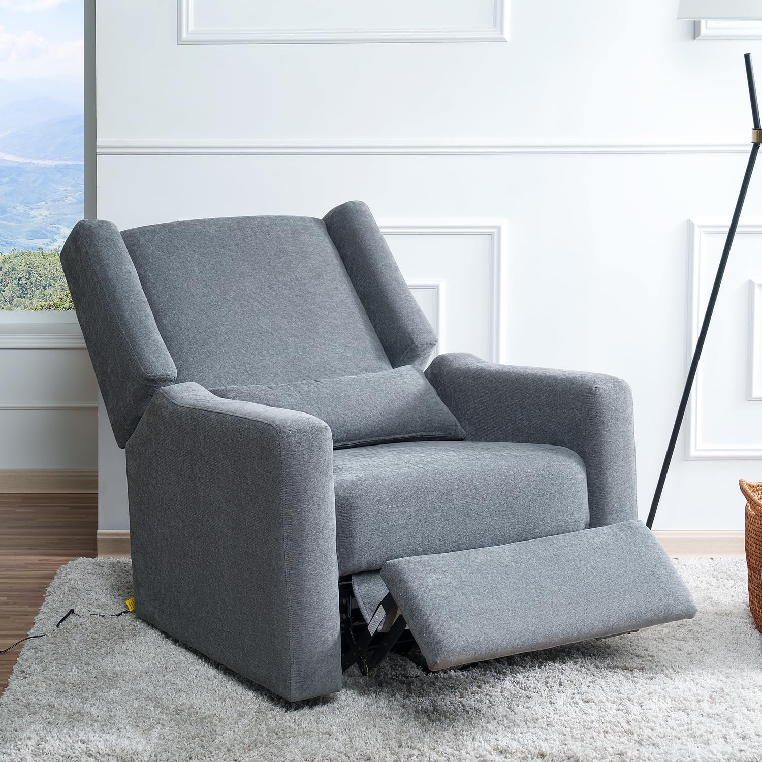 Naomi Home Tanya Luxury Motion Recliner Chair, Gray – Plush Upholstered Glider Rocker with USB Charging, Swivel, and Lumbar Support for Nursery Comfort, 275 lbs Capacity