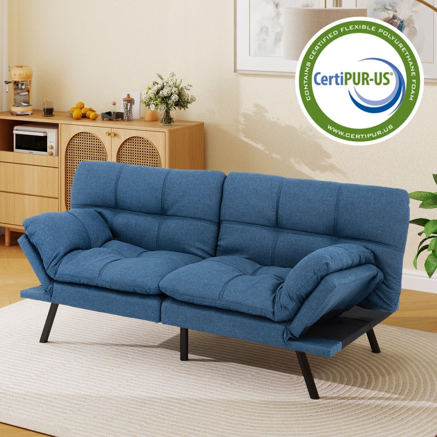 MUUEGM 71-Inch Futon Sofa Bed, Convertible Loveseat Sleeper | Modern Blue Linen Fabric | Adjustable Couch for Living Room & Small Spaces
