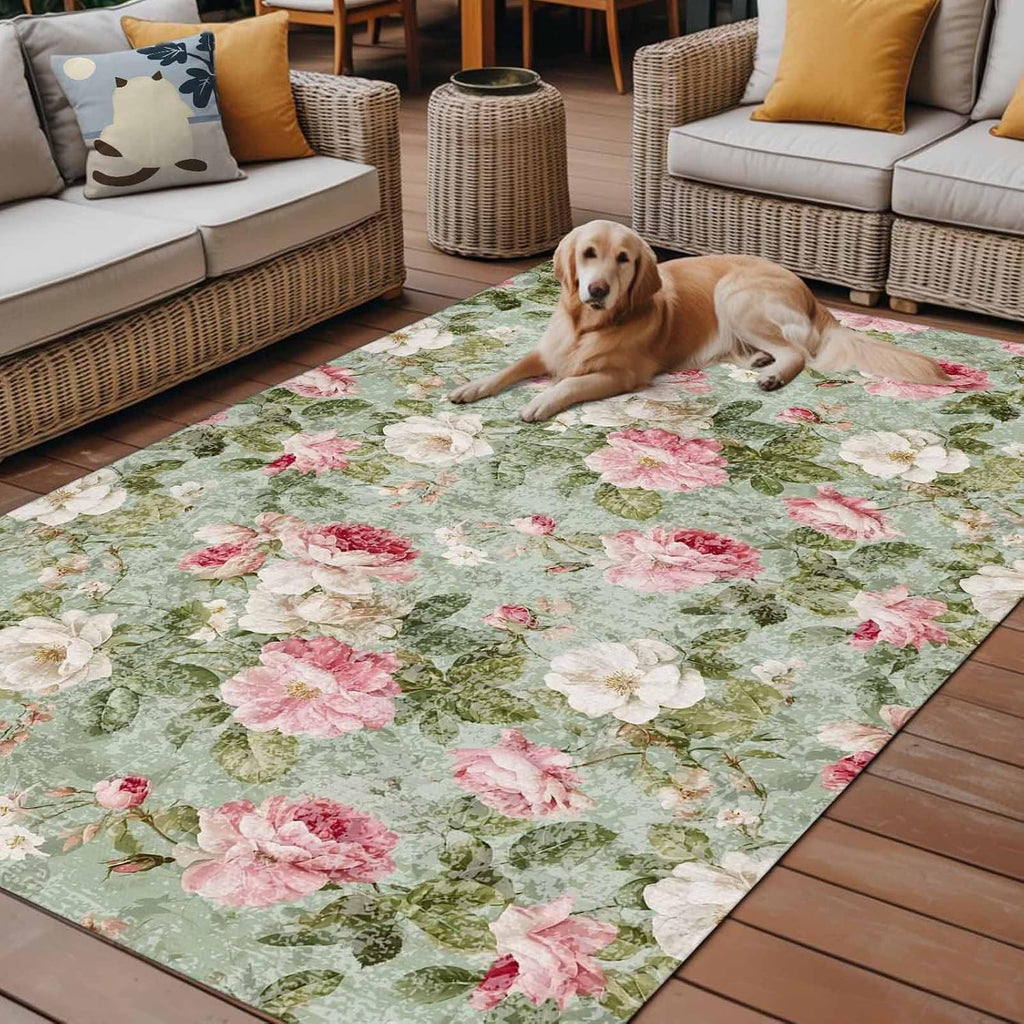 White Pink Flower Outdoor Rug for Patio/Deck/Porch, Non-Slip Large Area Rug 5 x 8 Ft, Shabby Chic Spring Vintage Leaf Green Indoor Outdoor Rugs Washable Area Rugs, Reversible Camping Rug Carpet Runner