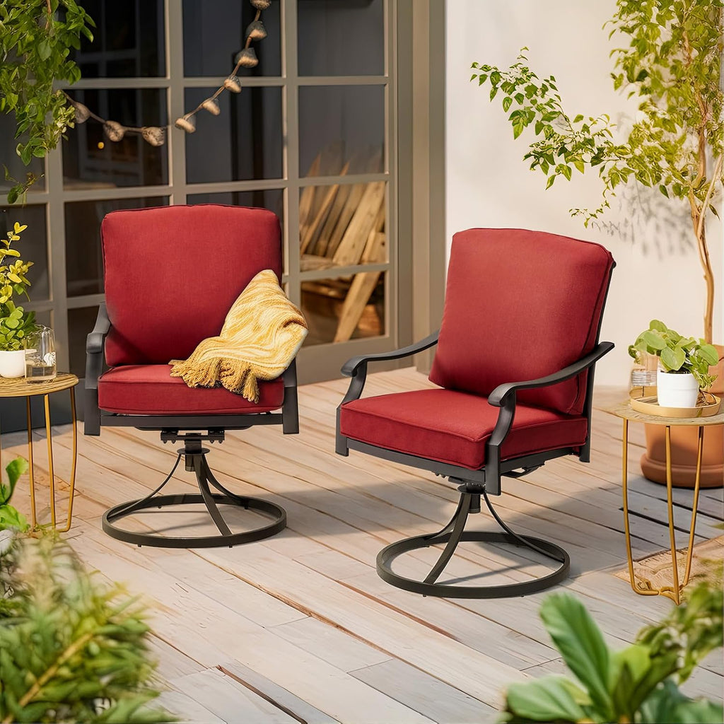 MELLCOM Patio Swivel Chair Set of 2, Heavy Duty Outdoor Dining Chairs with Thickened Cushions, Metal Patio Chairs Gentle Rocker for Outside, Garden Lawn & Porch, Backyard, Red