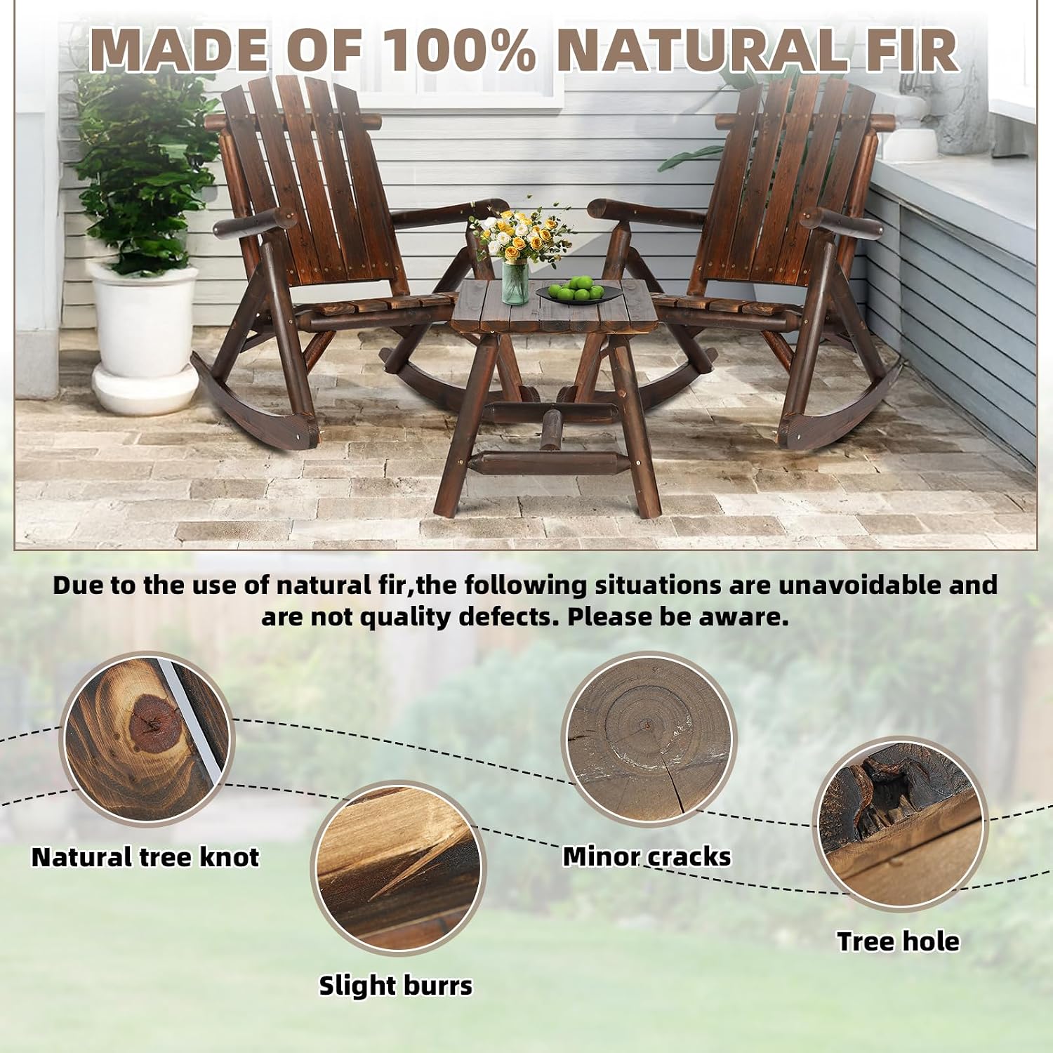 3-Piece Outdoor Wood Rocking Bistro Set, Rustic Adirondack Rocker Chair Set with High Back & Slatted Seat and Side Table, Patio Wooden Conversation Set for Indoor Deck Garden Porch, Carbonized