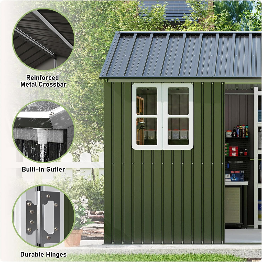 VanAcc 10 x 12FT Outdoor Storage Shed with a Lockable Hinged Door and 2 Windows, Nordic Cottage Metal Shed for Backyard, Garden, Patio, Dark Grey/White