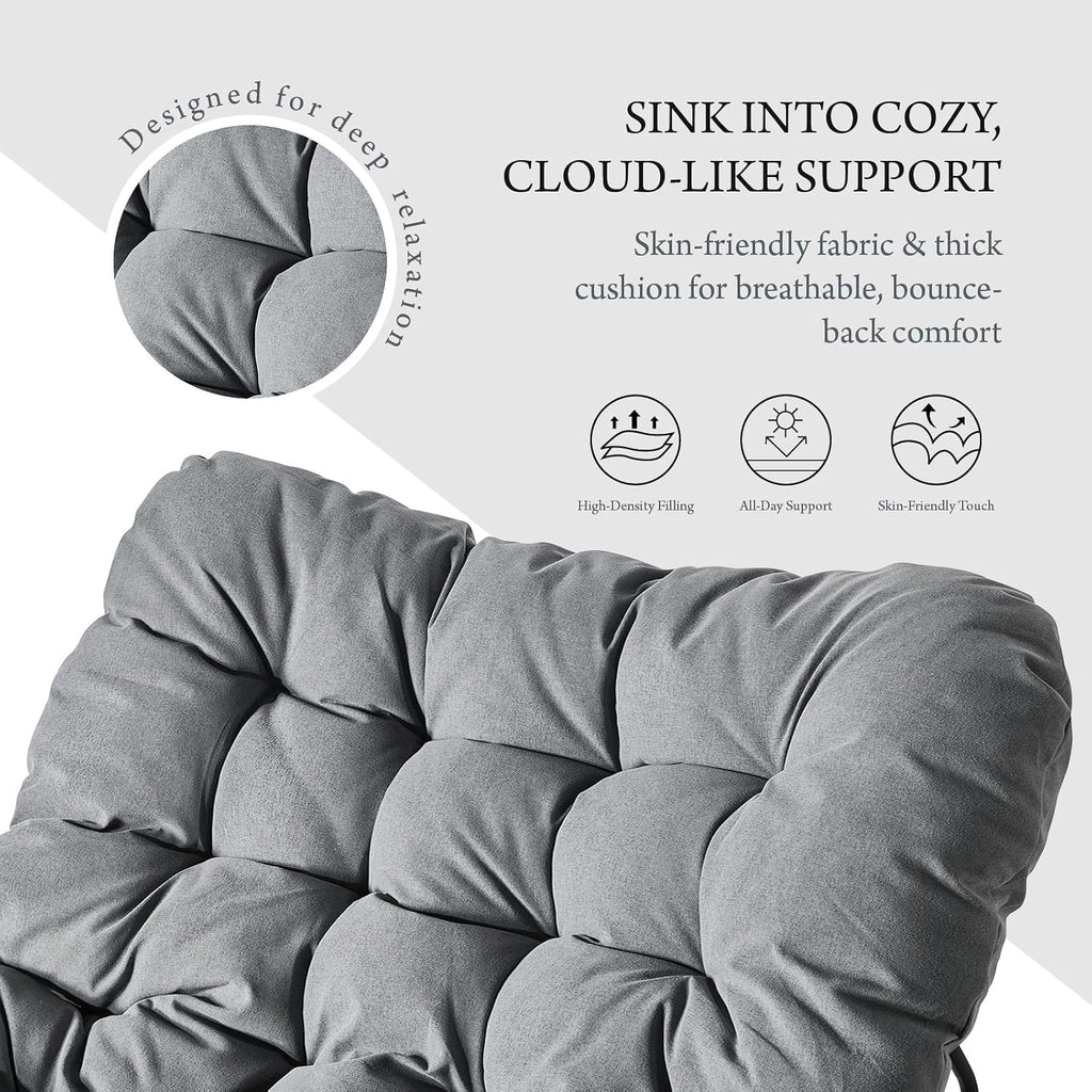 Outdoor Rocking Chair, Oversized Papasan Wicker Lounge Chair with Cushion, Relaxing Patio Rocker, Indoor Reading Egg Chair for Porch, Patio, Bedroom, Garden (Dark Grey)