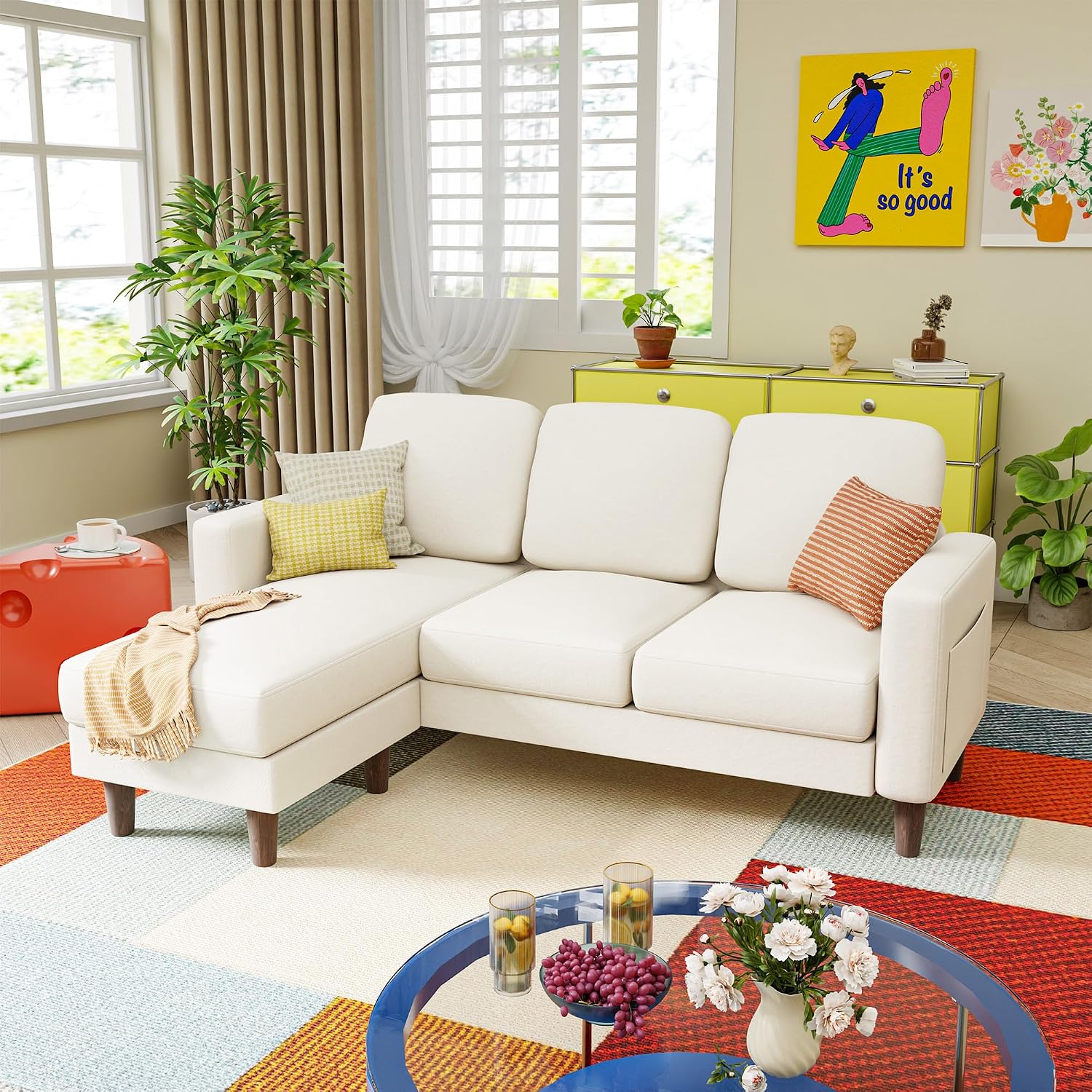 YESHOMY Couches for Living Room, Sofa with Movable Ottoman, Small Couch with Reversible Chaise and Side Pockets, L Shaped Couch for Small Space, Apartment (Linen Fabric, Beige)