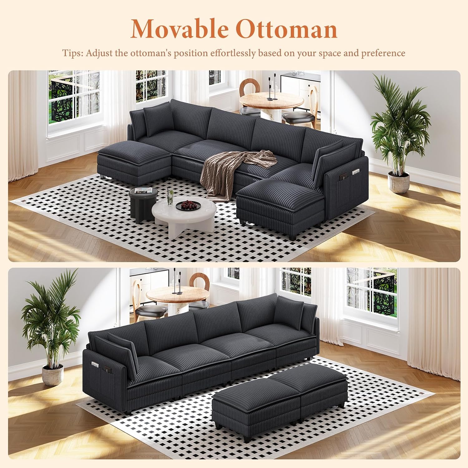 Vesgantti 143' U Shaped Sectional Modular Couch, Comfy Corduroy Upholstered Modular Cloud Sofas for Living Room, Modern Sectional Sofa with 2 Ottoman Deep Seat, Dark Grey