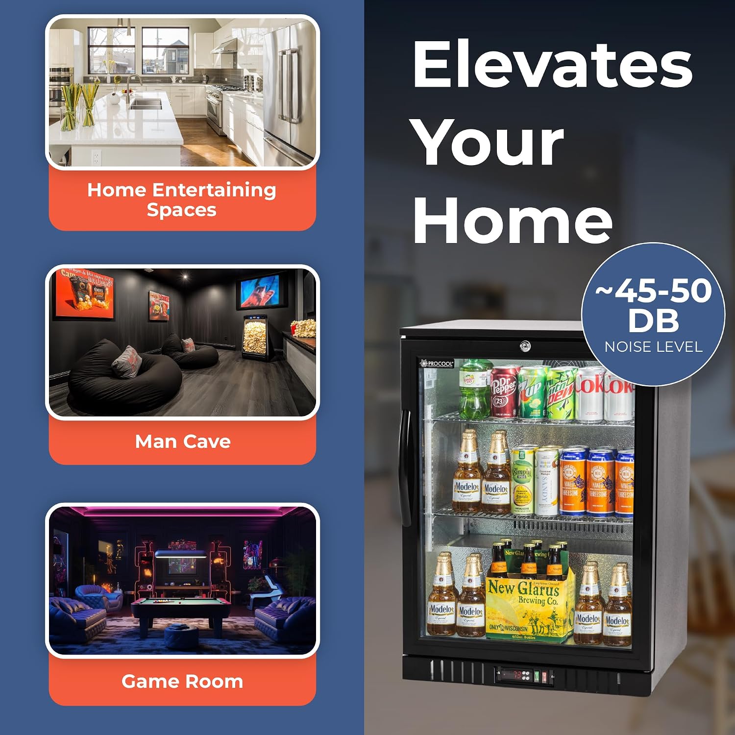 Procool 1-Door Undercounter Refrigerator - 33' Tall Energy Efficient Black Beverage Cooler With Glass Door & White LED Lights - Residential Beverage Refrigerator For Entertaining Spaces & Home Bars