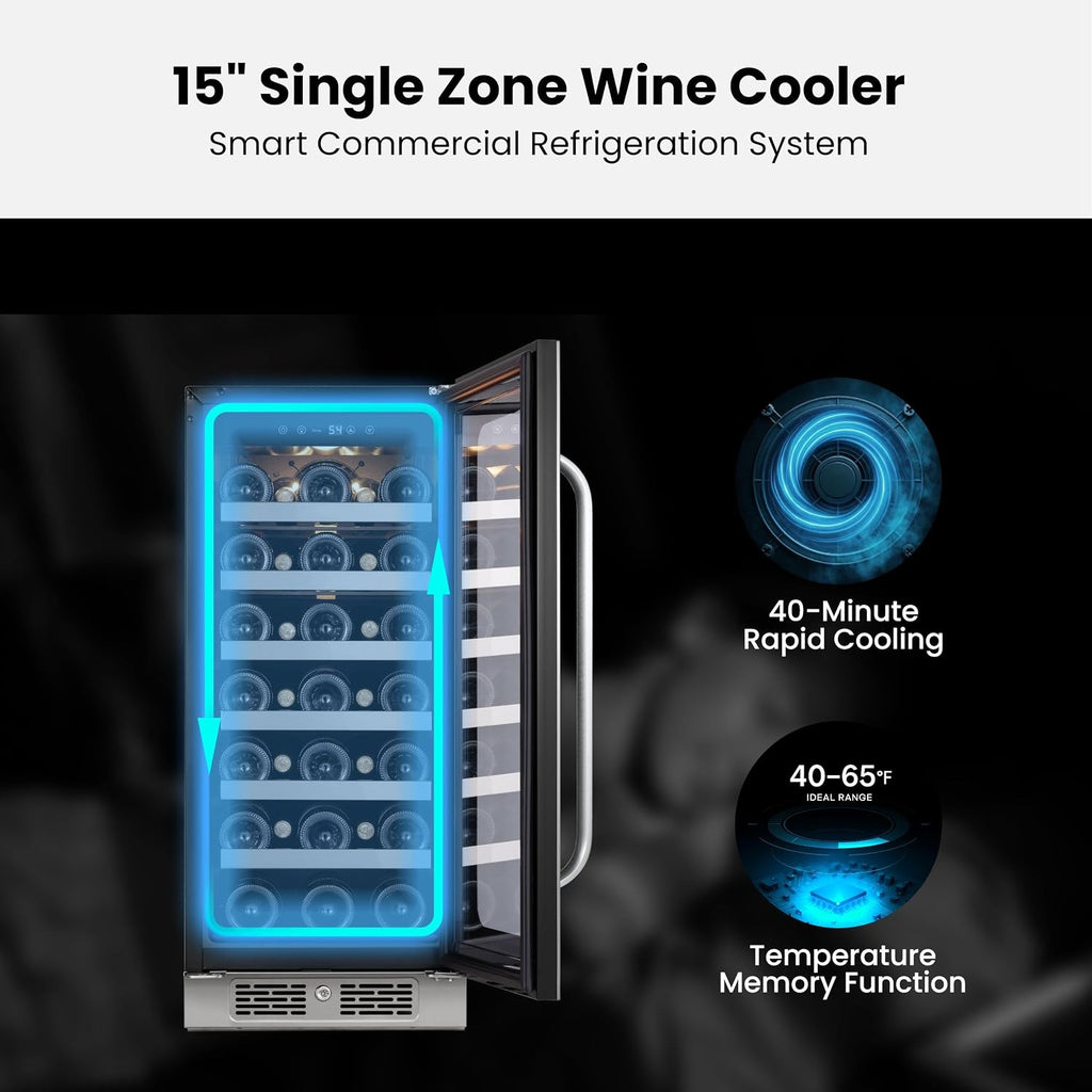 15 inch Wine Fridge Cooler 33 Bottles Wine Refrigerator Under Counter with Glass Door 3 LED Built-in or Freestanding Fridge Adjustable Shelves for Home Bar Kitchen 3.0 cu.ft