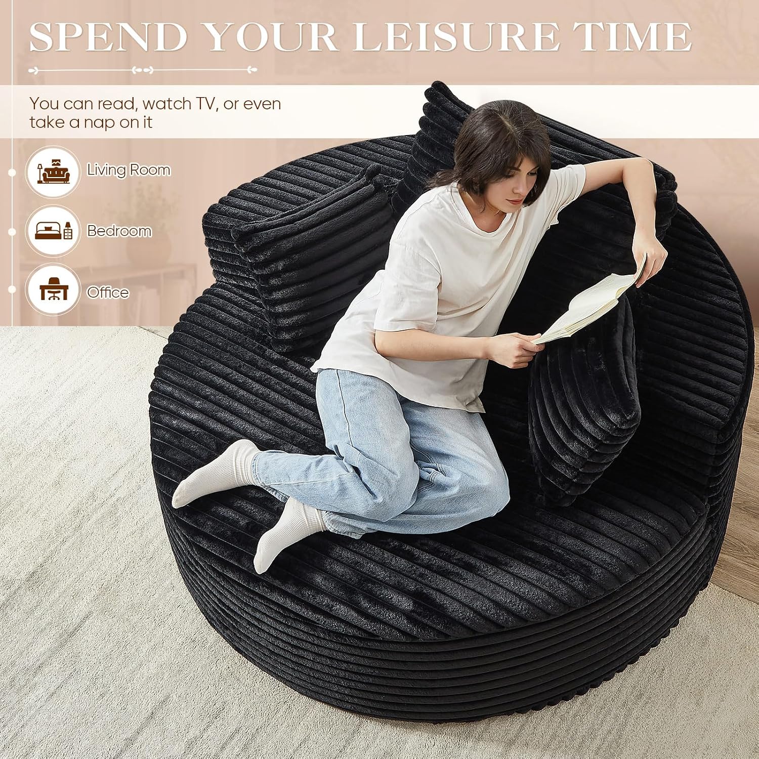 Oversized Round Chaise Longue Chair Indoor, Modern 55-inch Upholstered Corduroy Deep Seat Circle Single Cloud Lounge Floor Sofa Chair for Living Room, Bedroom Apartment, Black