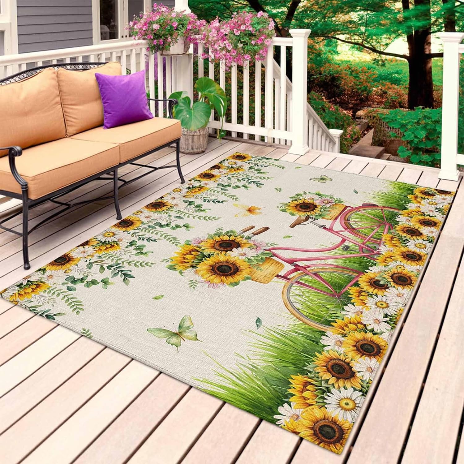 Spring Outdoor Rug for Patio/Deck/Porch, Non-Slip Large Area Rug 4 x 6 Ft, Bicycles Botanical Sunflowers Leaves Butterfly Indoor Outdoor Rugs Washable Area Rugs, Reversible Camping Rug Carpet Runner