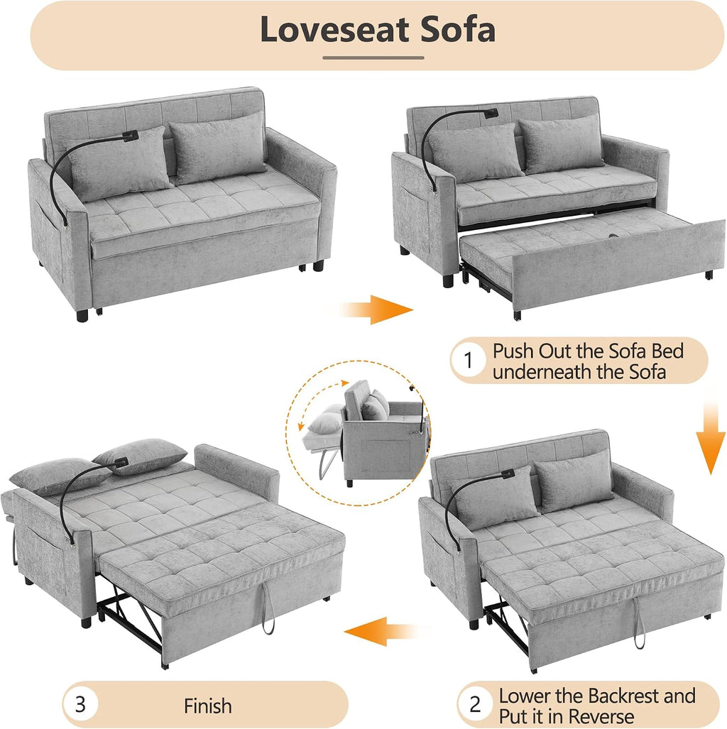 Merax 3 in 1 Convertible Sleeper Sofa Bed, Futon Couches for Living Room with USB Ports | Phone Holder| Reversible Backrest | Pull Out Couch |Small Loveseat,Grey