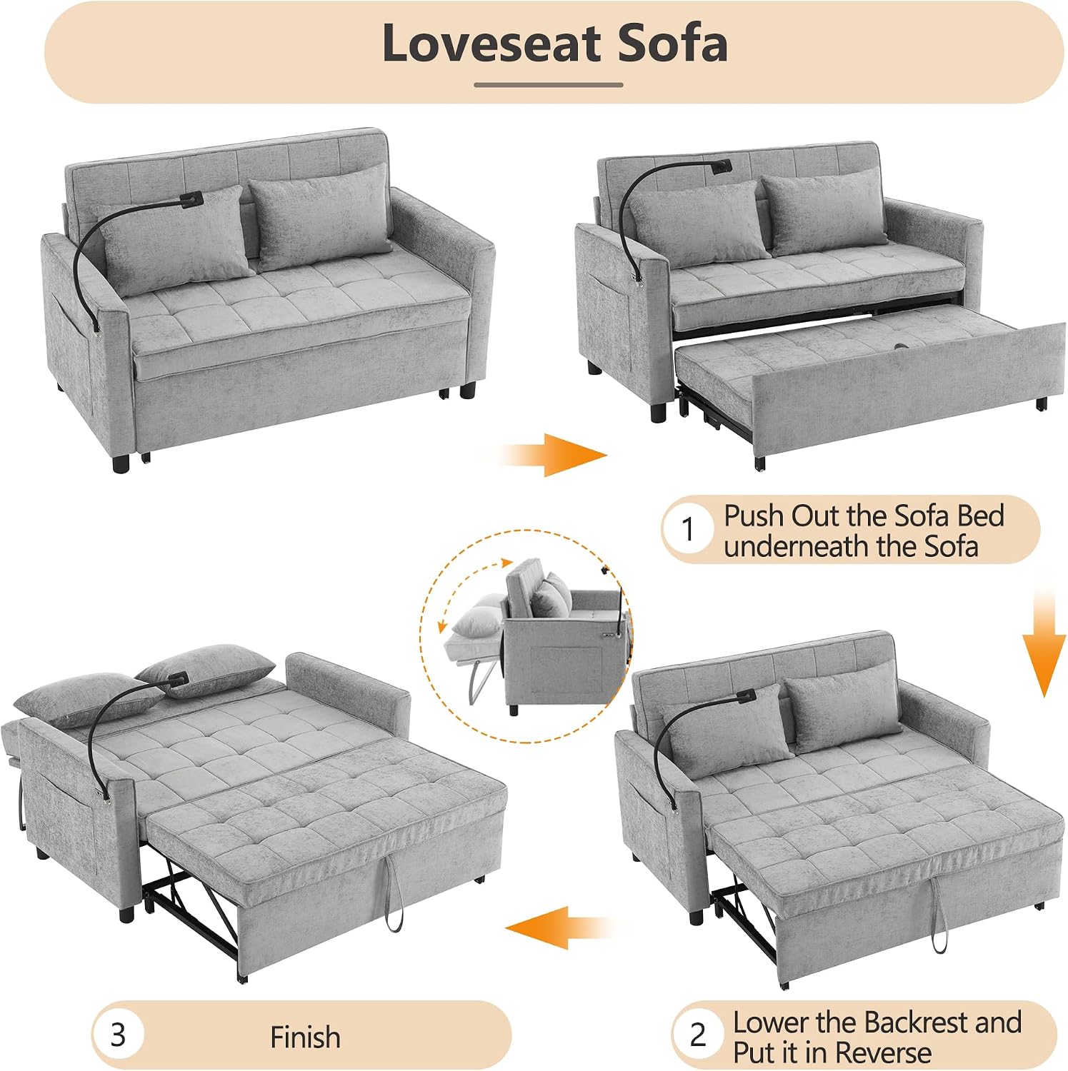 Merax 3 in 1 Convertible Sleeper Sofa Bed, Futon Couches for Living Room with USB Ports | Phone Holder| Reversible Backrest | Pull Out Couch |Small Loveseat,Grey