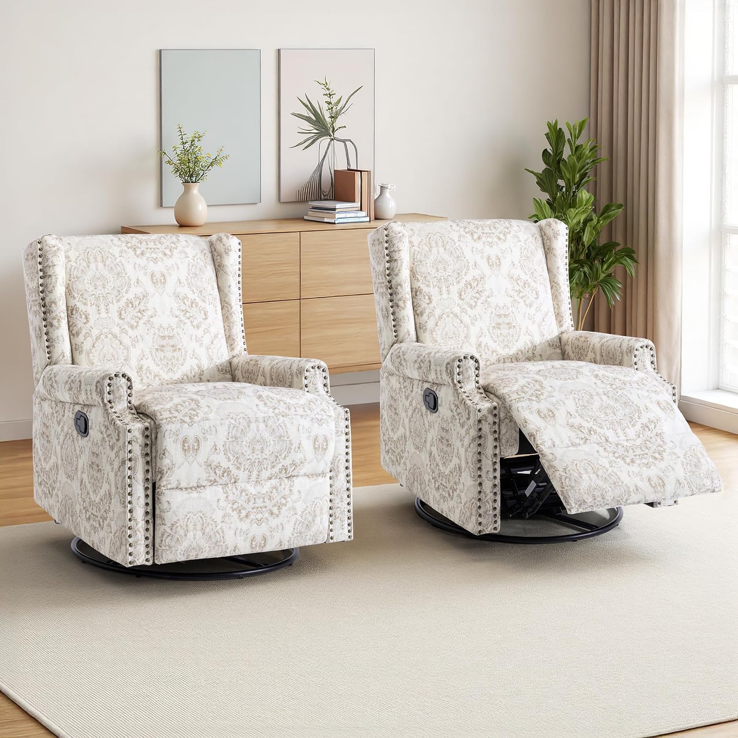 Swivel Rocker Recliner Chairs Set of 2, 360° Swivel Wingback Recliner Chairs for Adults, Upholstered Printed Fabric Glider Rocking Chair with High Back, Deep Seat for Living Romm Bedroom, Beige