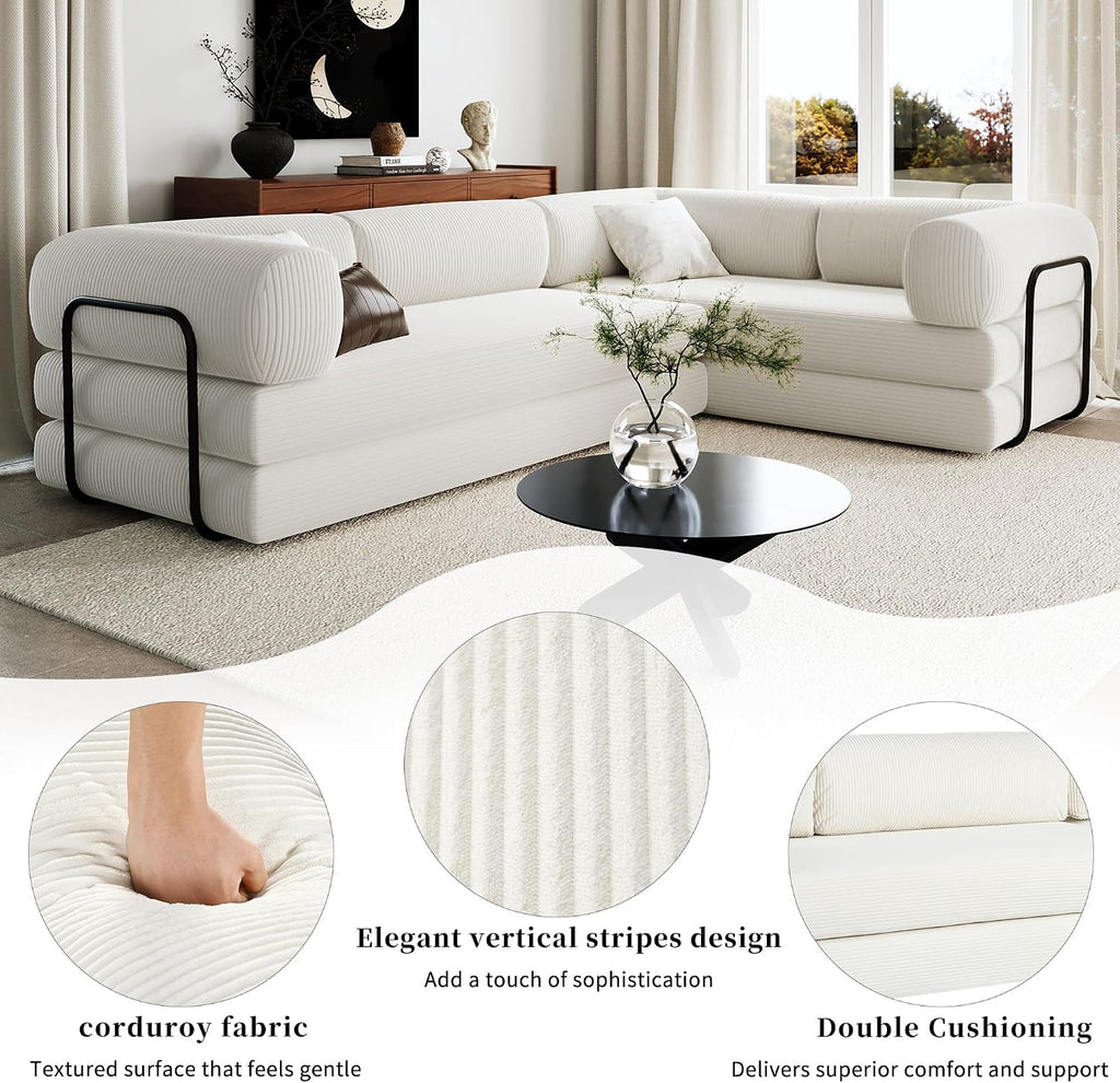 Merax L-Shaped Modular Sofa Bed in Corduroy Fabric, Convertible Sleeper Sofa Bed, 4 Seat Floor Couch for Living Rooms and Apartments, No Assembly Required, Beige