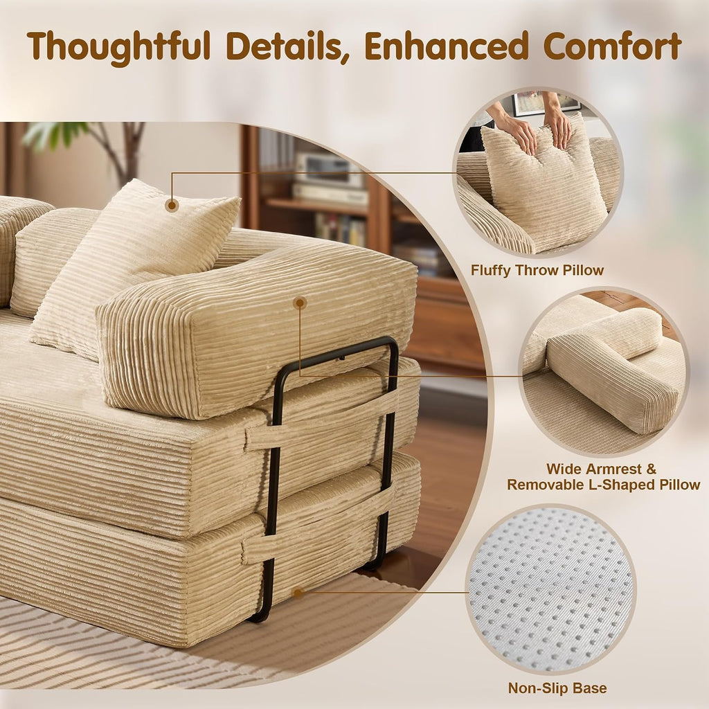 81″ Convertible Sleeper Sofa Bed with Pillows, Corduroy Foldable Mattress Couch with Fixed-Shape Frame, Futon Sofa Bed, Boneless Couch for Living Room Bedroom Lounge Studio, Beige