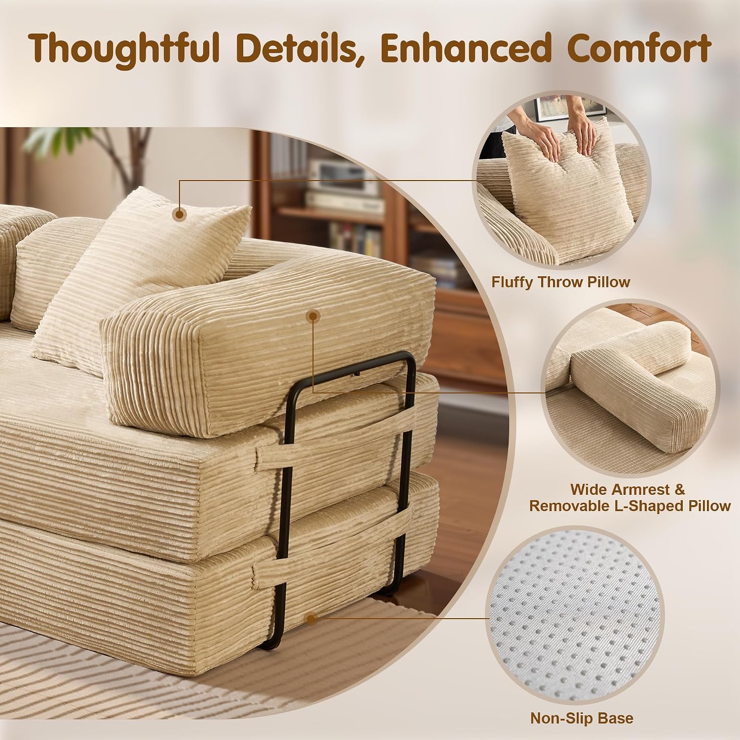 81″ Convertible Sleeper Sofa Bed with Pillows, Corduroy Foldable Mattress Couch with Fixed-Shape Frame, Futon Sofa Bed, Boneless Couch for Living Room Bedroom Lounge Studio, Beige