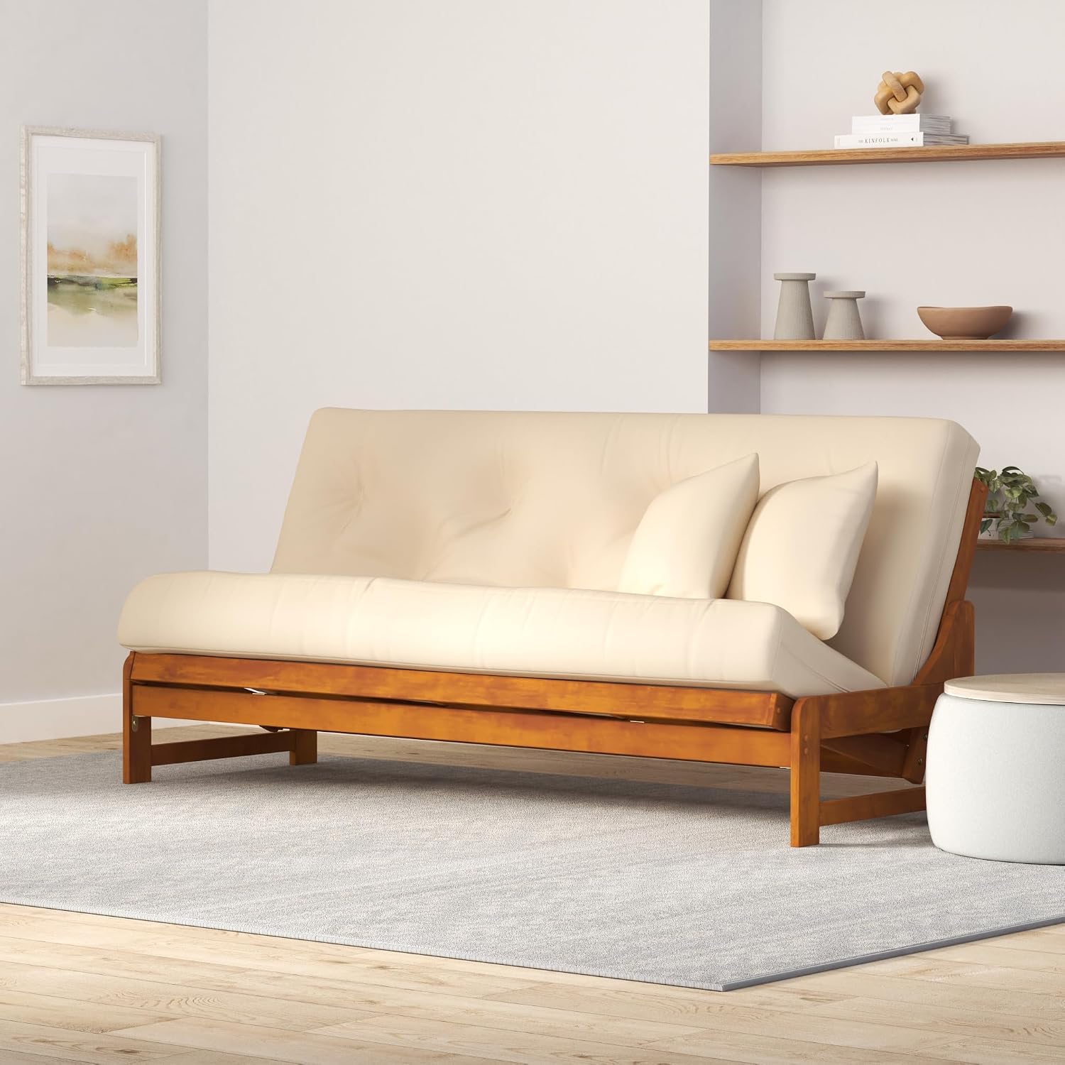 Nirvana Futons Arden Futon Set - Full Size Futon Frame with Mattress Included (8 Inch Thick Mattress, Twill Khaki Color), Heavy Duty Wood, Popular Sofa Bed Choice