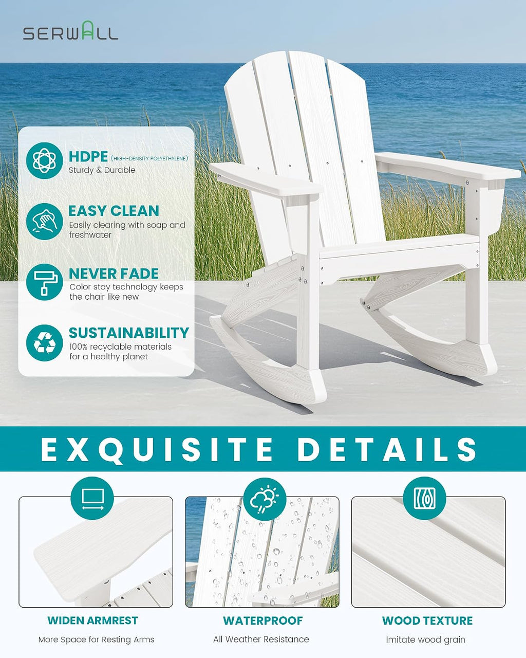 SERWALL Outdoor Adirondack Rocking Chair, All-Weather HDPE Adirondack Rocker Chair, Front Porch Rocker Chairs for Patio Lawn Porch Deck, White