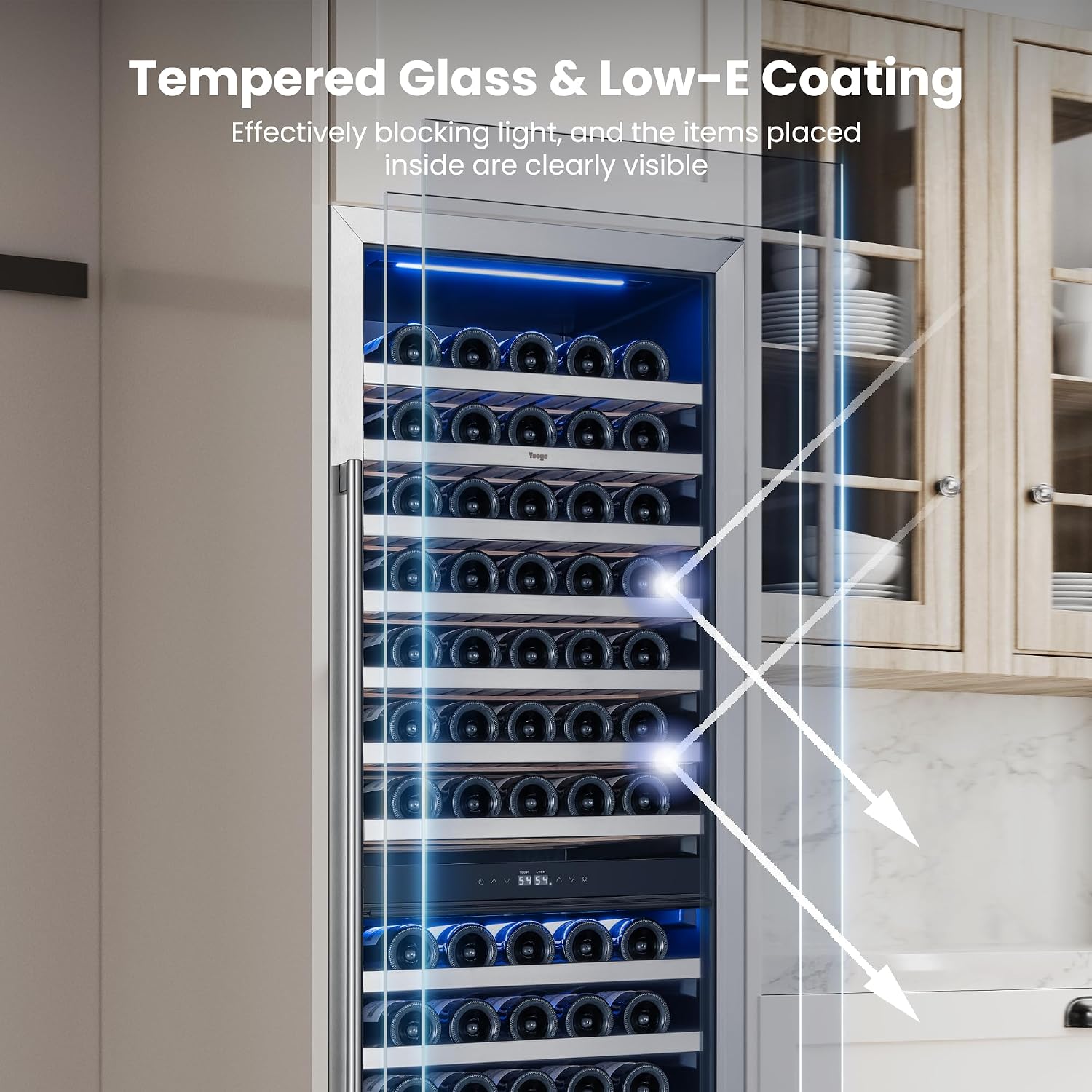 Yeego 24 Inch Wine Fridge – Wine Cooler Refrigerator 40°F-65°F, 304 Stainless Steel Glass Door Lock, Temp Memory Blue & White LED Built-in Fridge with Adjustable Shelves (154 Bottle)