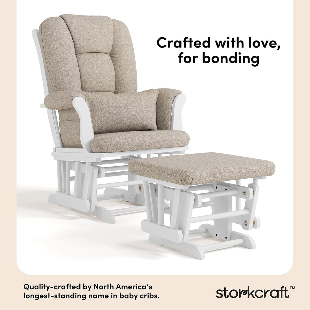 Storkcraft Tuscany Custom Glider and Ottoman with Free Lumbar Pillow (White/Taupe Swirl) - Cleanable Upholstered Comfort Rocking Nursery Chair with Ottoman