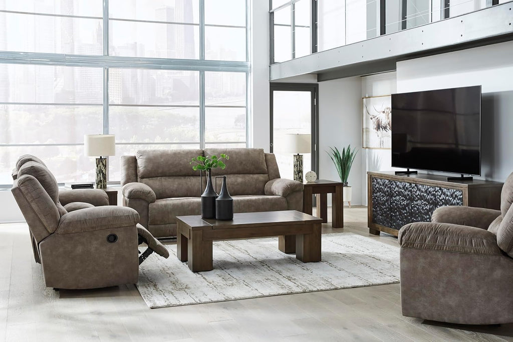 Signature Design by Ashley Laresview Contemporary Faux Leather Manual Double Reclining Loveseat with Console, Storage and Cup Holders, Gray