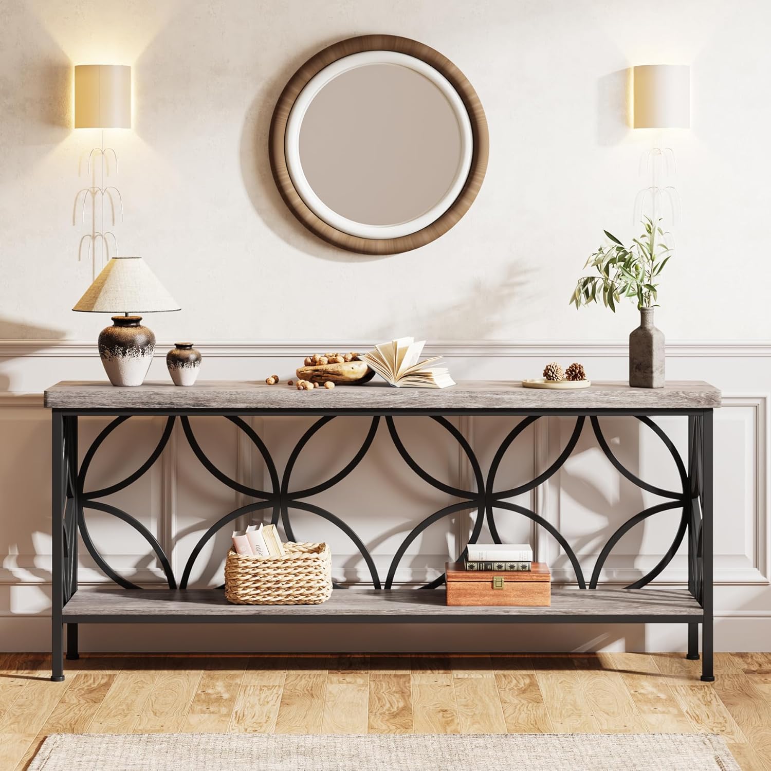 LITTLE TREE Sofa Table, 70.9 Inch Industrial Behind Couch Table with Storage Shelves, Narrow Long Console Table for Entryway, Living Room, Foyer, Hallway, Office