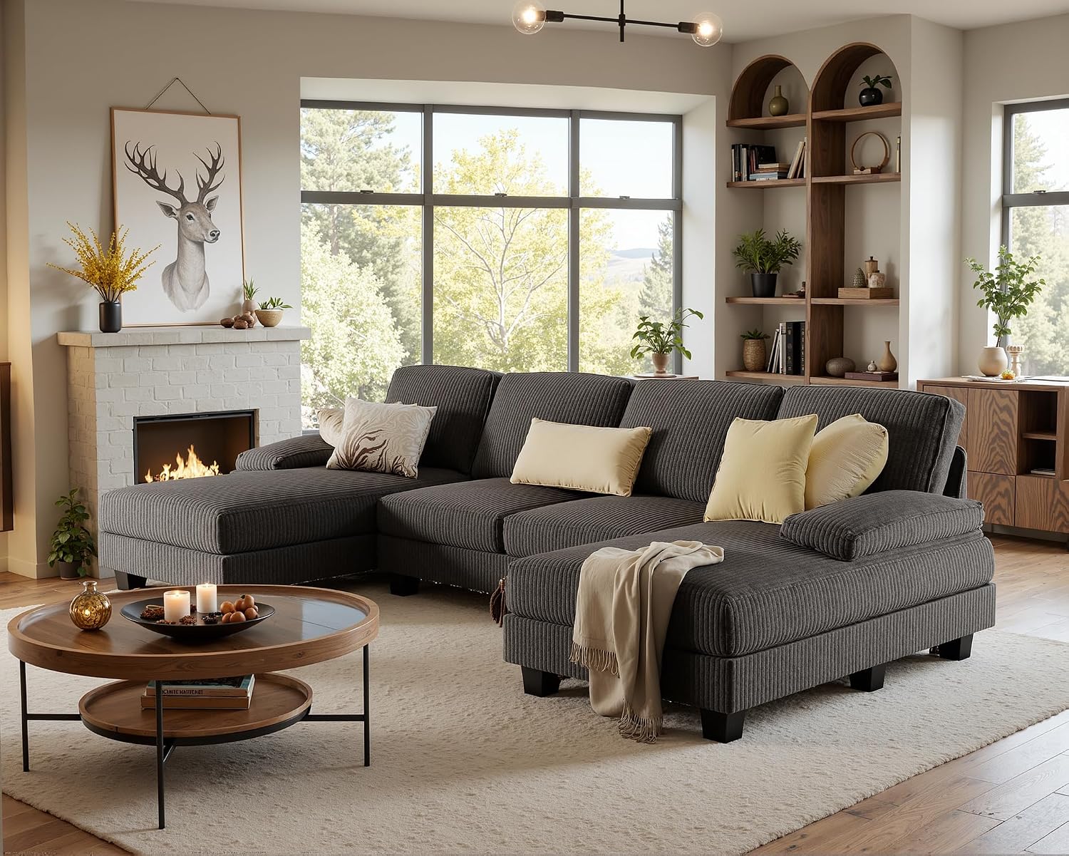 Furniwell Convertible Sectional Sofa Couch, 4 Seat Sofa Set for Living Room U-Shaped Modern Fabric Modular Sofa Sleeper with Double Chaise & Memory Foam (Corduroy, Deep Grey)