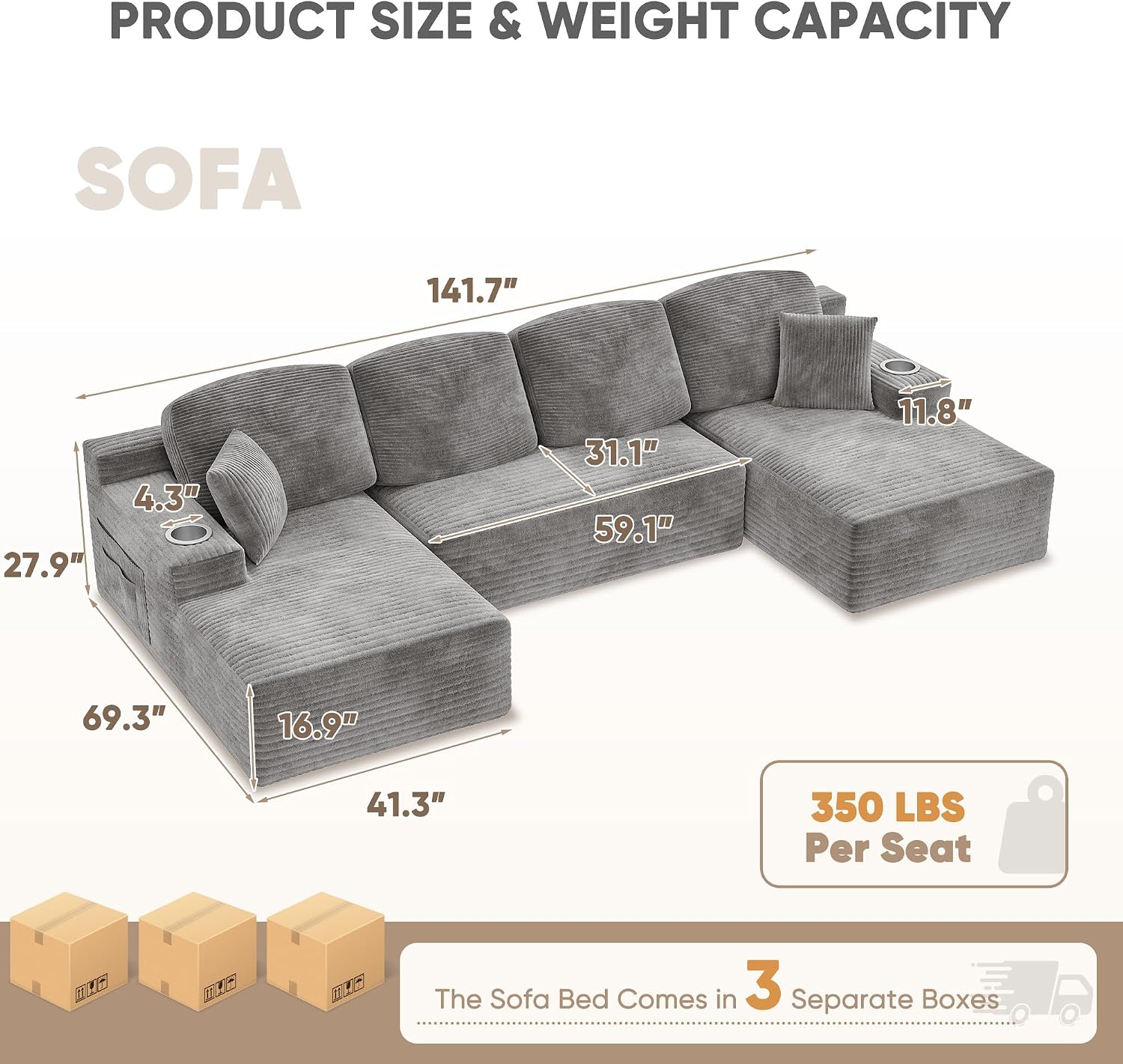 Homall 142' Boneless Couch, Modular Sectional Sofa, No Assembly Required, Memory Foam Filling, Corduroy U-Shaped Sofa, Movable Multi-Person Couch for Living Room (Grey)