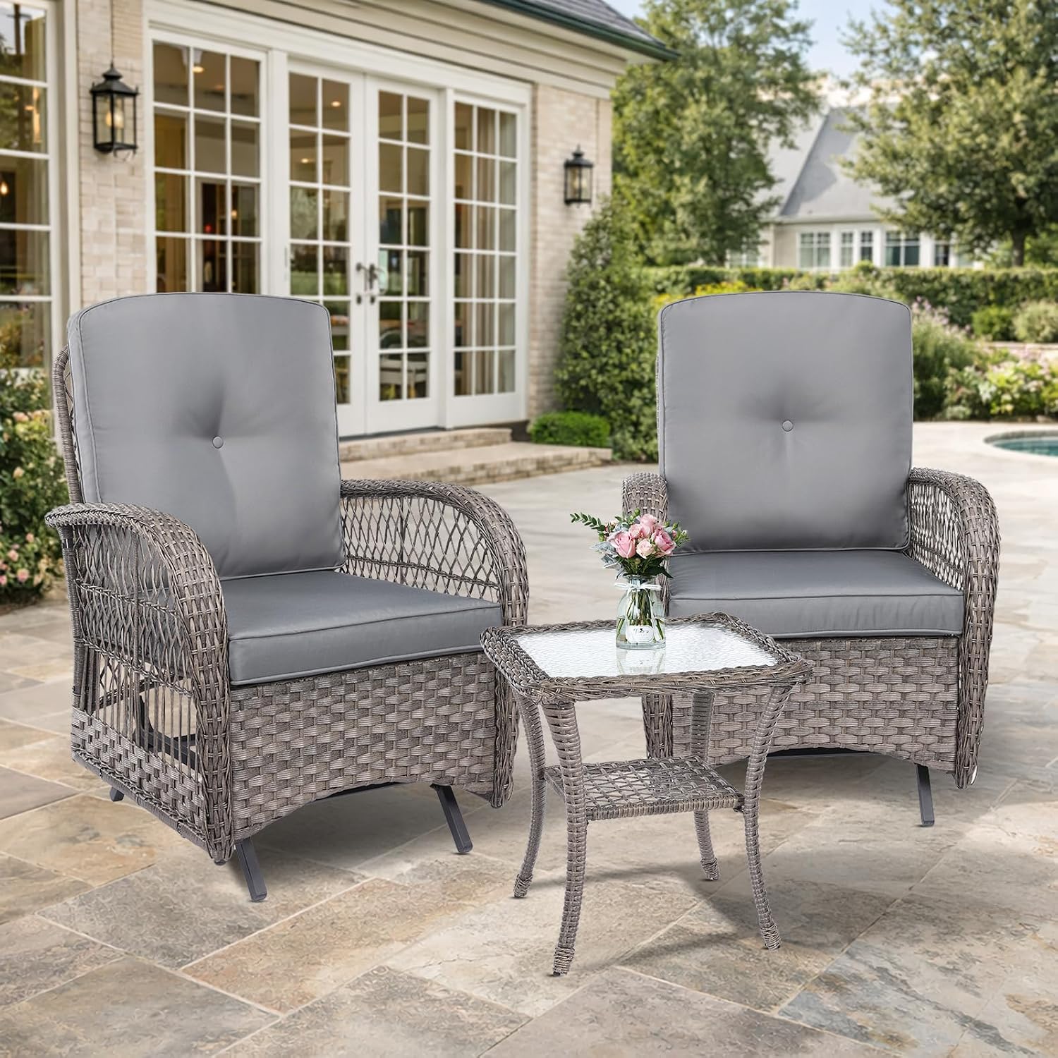 VIVIJASON 3-Piece Outdoor Patio Furniture Set, Outdoor Wicker Glider Rocking Chairs Rattan Conversation Bistro Sets w/ 2 Rattan Cushioned Chairs and Glass Top Side Table for Porch Backyard, Grey
