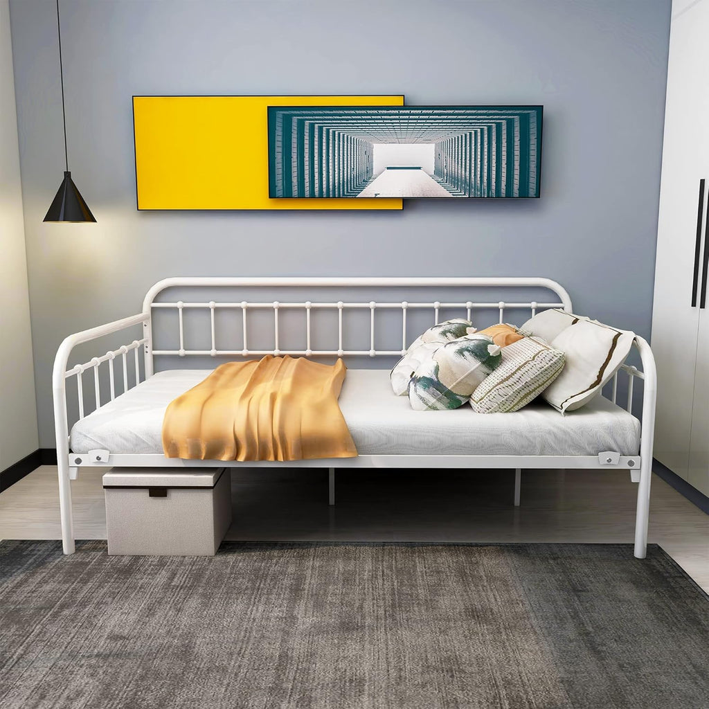 HOMERECOMMEND Multi-Purpose Metal Daybed Frame Heavy Duty Metal Slats Sofa Bed Platform Mattress Foundation Economic Day Bed White Color Twin Size.