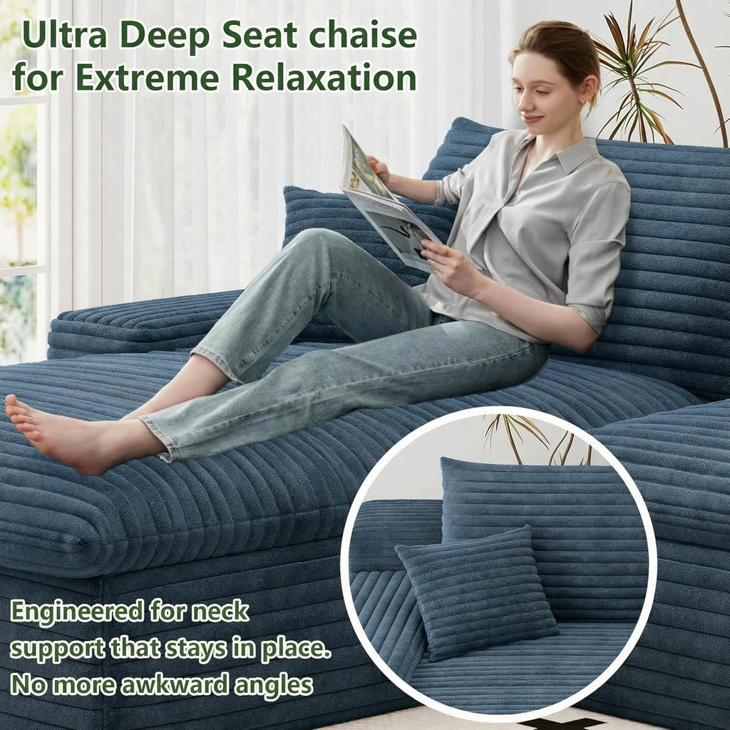 107' Cloud Couch Modular Sectional Sofa for Living Room, U-Shape Boneless Couch with Deep Seat, Modern Corduroy 3-Seater with Ottoman, No Assembly Required (Blue,Left-Facing Chaise)