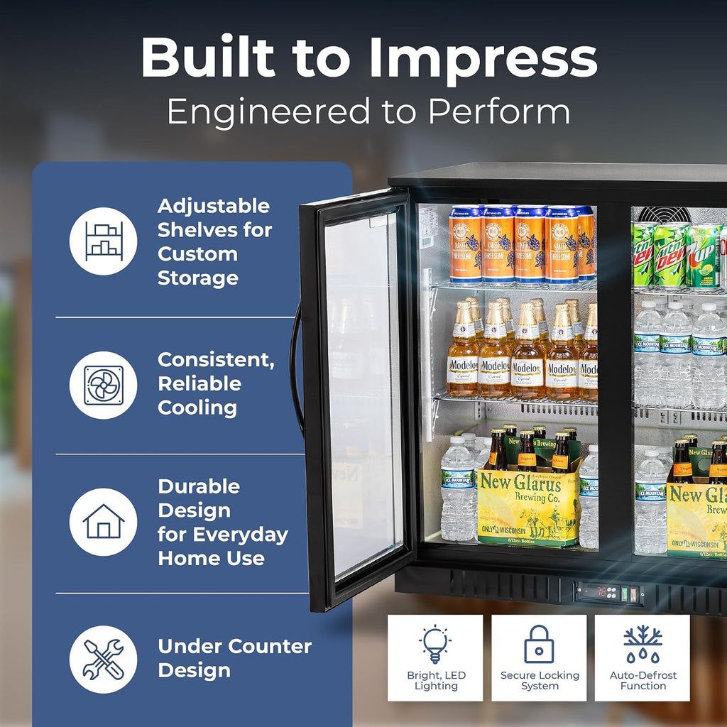 Procool 2-Door Undercounter Refrigerator - 33' Tall Energy Efficient Black Beverage Cooler With Glass Doors & White LED Lights - Residential Beverage Refrigerator For Entertaining Spaces & Home Bars