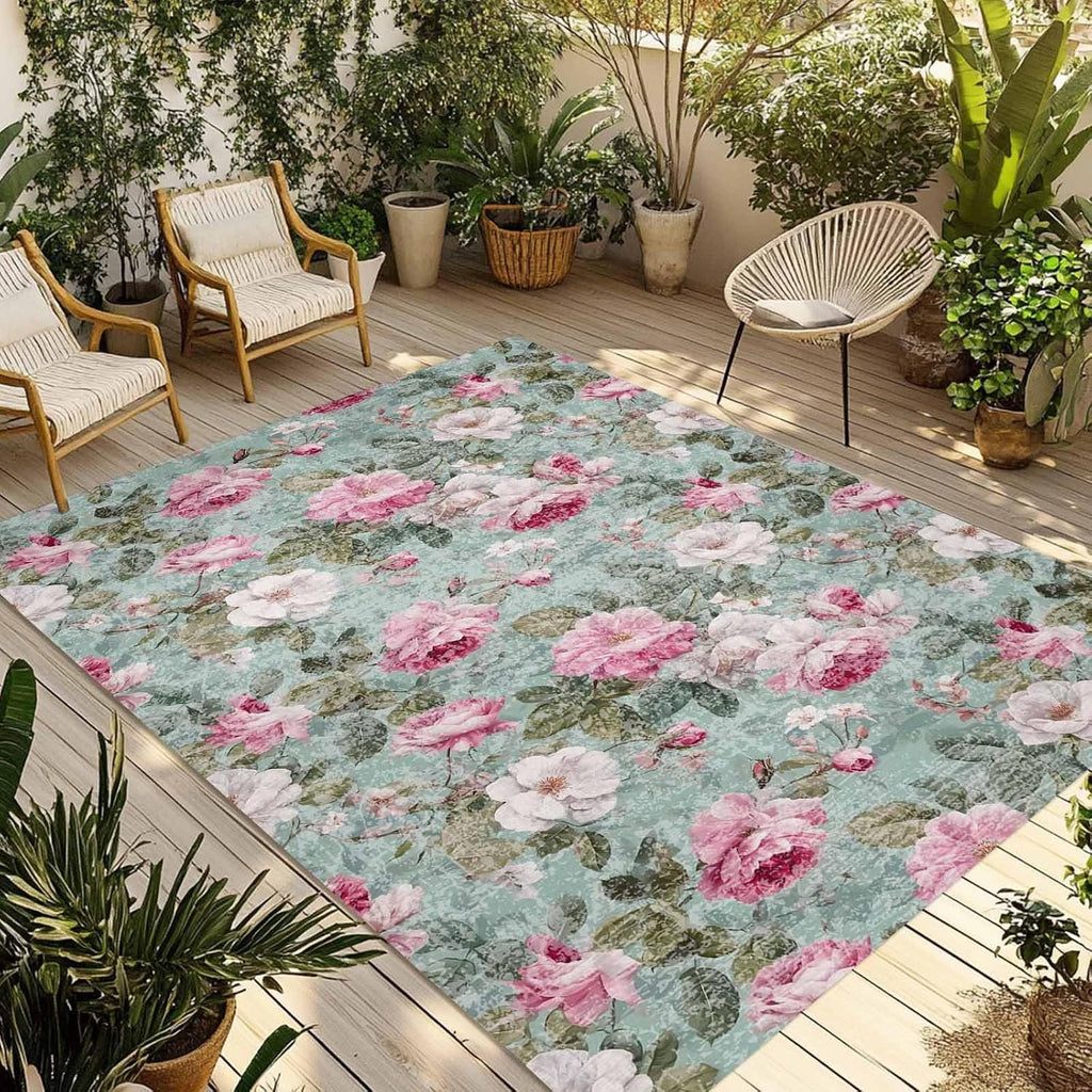 Vintage Spring Floral Outdoor Rug for Patio/Deck/Porch, Non-Slip Large Area Rug 5 x 8 Ft, Botanical Summer Pink Green Indoor Outdoor Rugs Washable Area Rugs, Reversible Camping Rug Carpet Runner