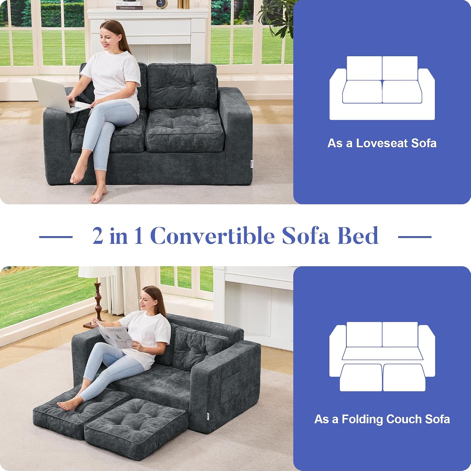Hobestluk Sofa Couch Loveseat Sofa with Chenille Fabric 2-Seater Sofa for Small Spaces Comfortable Foam Floor Sofa 2 in 1 Boneless Couch for Living Room Bedroom (Blue Grey, Loveseat)
