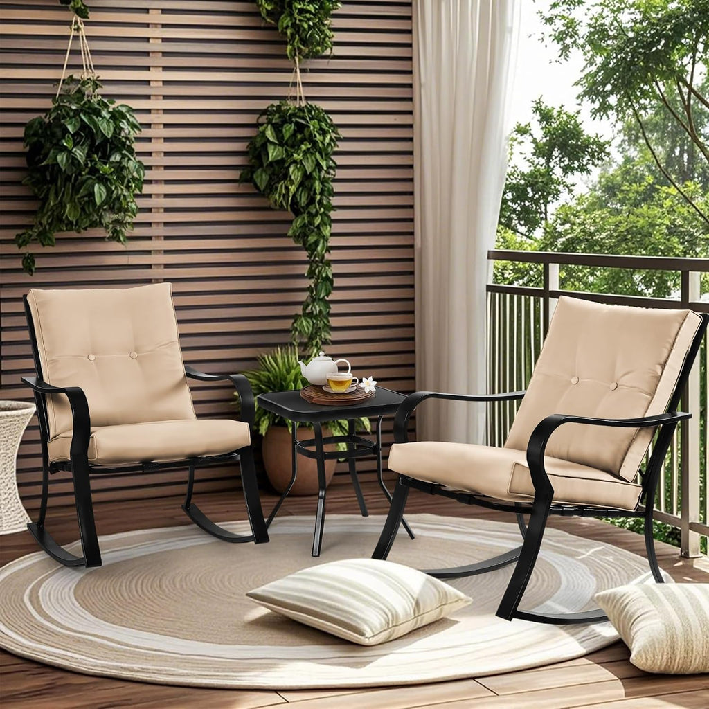 Incbruce 3 Piece Patio Bistro Set Outdoor Rocking Chairs Set, Porch Patio Conversation Chairs Set of 2 with Glass-Top Coffee Table (Brown Thickened Cushion)