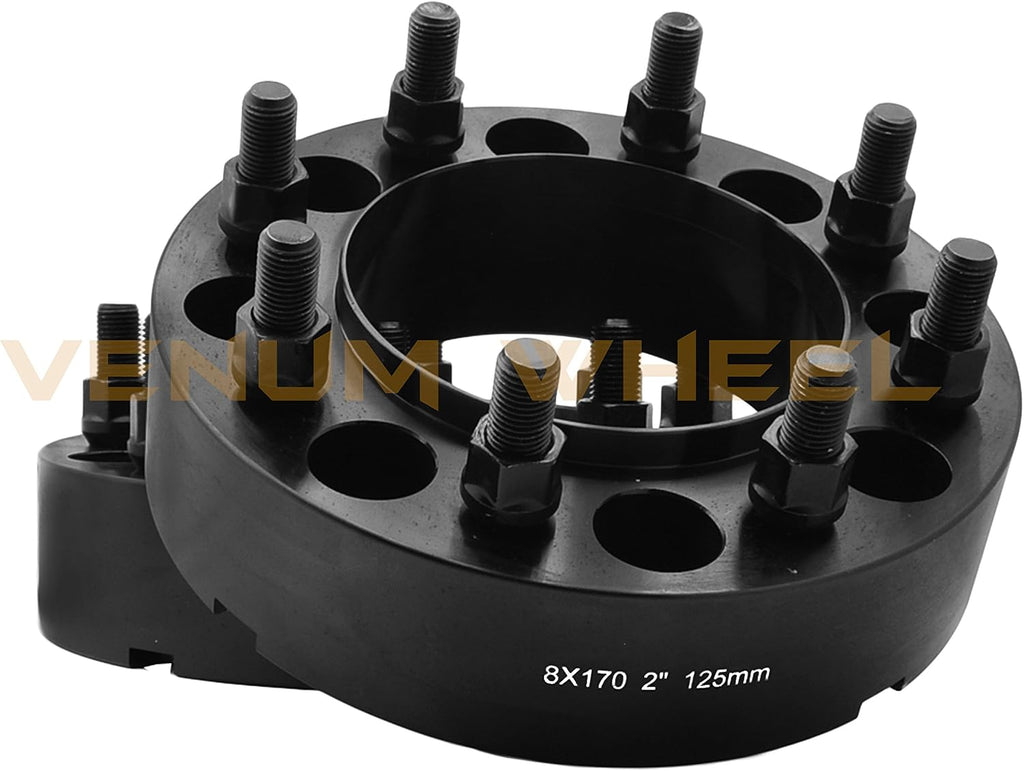 Complete Bolt-On Kit 2' Thick Black Hub Centric Wheel Spacers Adapters (True Hub Centric) With Lip M14x1.5 Studs Lug Nuts Made In USA Works With F-250 F-350 SRW Excursion