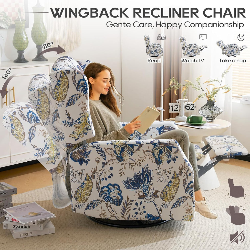 Swivel Rocker Recliner,Wingback Recliner Chair,Floral Accent Chair Fabric Chair with High Back,Padded Seat for Living Room,Bedroom, Home Office (Blue)