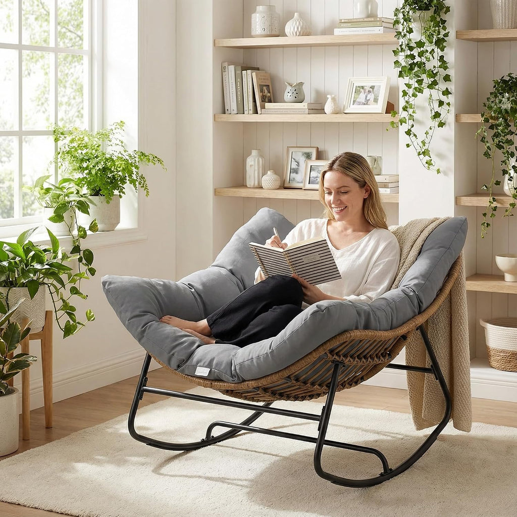 COSIEST Oversized Papasan Rocking Chair with Extra Thick Cushion - 45 in Rattan Wicker Egg Chair for Indoor/Outdoor Use, Swivel Lounge Chair for Patio, Living Room, Bedroom, Grey
