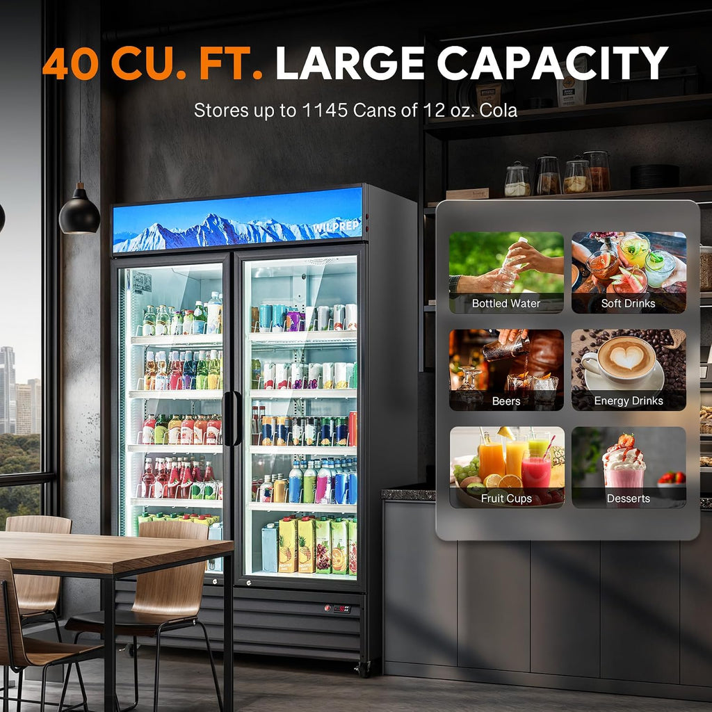Wilprep Two Door Commercial Refrigerator, 40 cu. ft. Swing Door Merchandiser Refrigerator with Tempered Glass & LED Lighting, ETL Listed Fog Free Beverage Display Refrigerator for Office Bar Store…