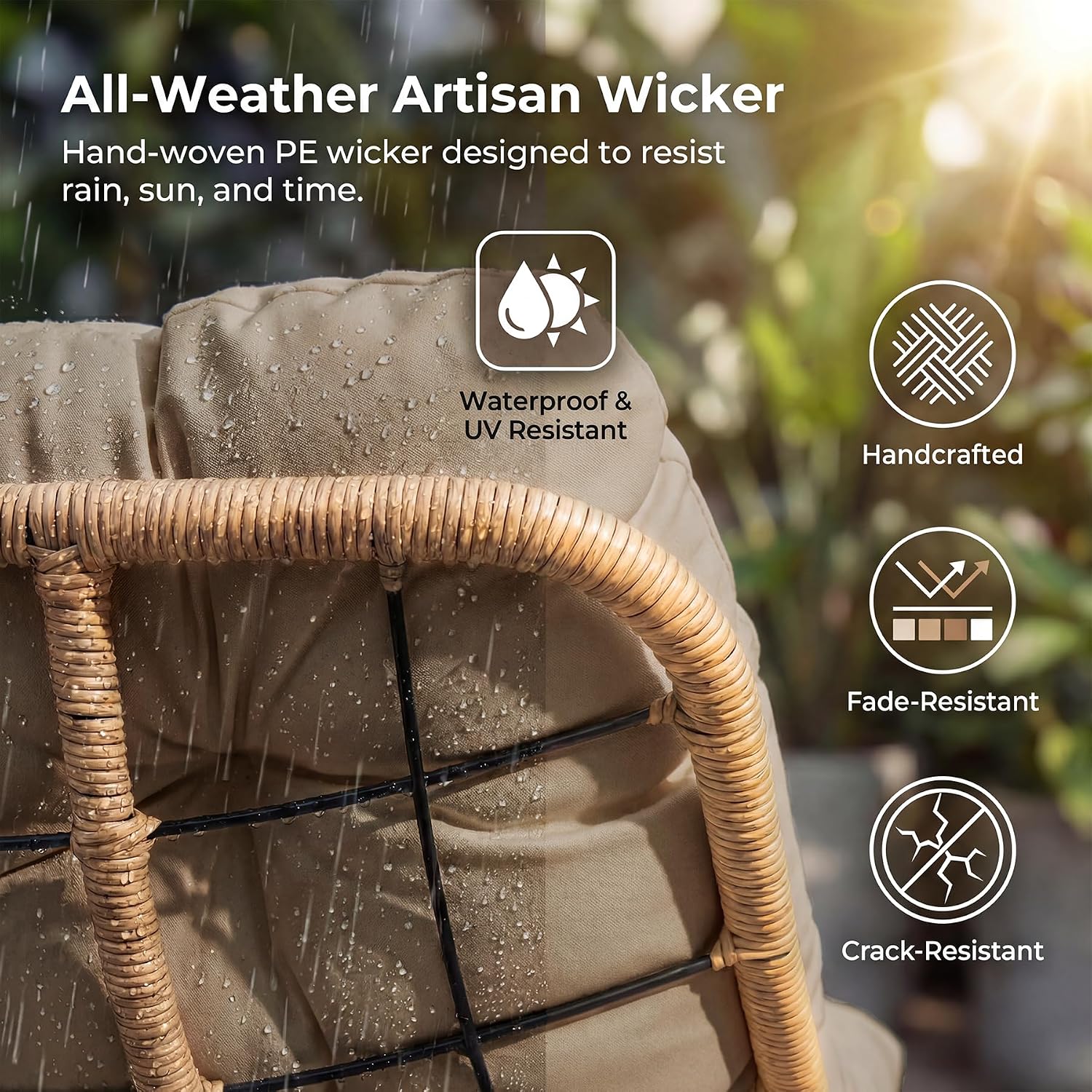 NICESOUL Patio Papasan Rocking Chair for 2, Indoor Outdoor Double Egg Recliner Rocker w/Padded Cushion, Large Wide Oversized Rattan Lounge Glider for Living Room Balcony Inside Outside, Brown
