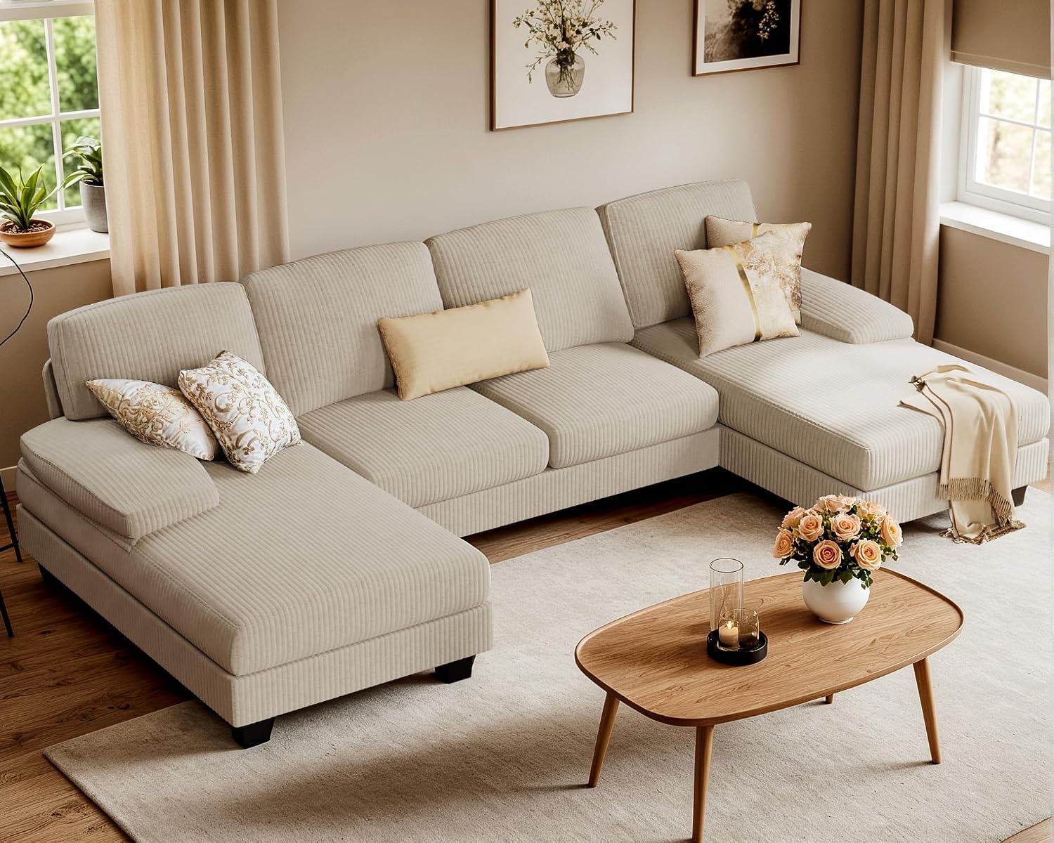 Furniwell Convertible Sectional Sofa Couch, 4 Seat Sofa Set for Living Room U-Shaped Modern Fabric Modular Sofa Sleeper with Double Chaise & Memory Foam (Corduroy, Beige)
