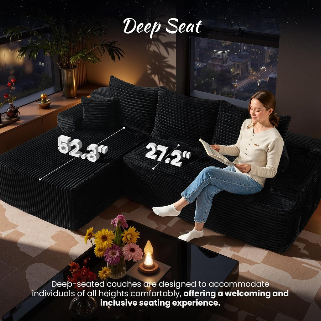 ovios 104' Cloud Boneless Couch with Glitter Fabric, Moudular Sectional Sofa with Deep Seat, No Assembly Required, Modern Minimalist L Shaped Couches with Chaise for Living Room, Black