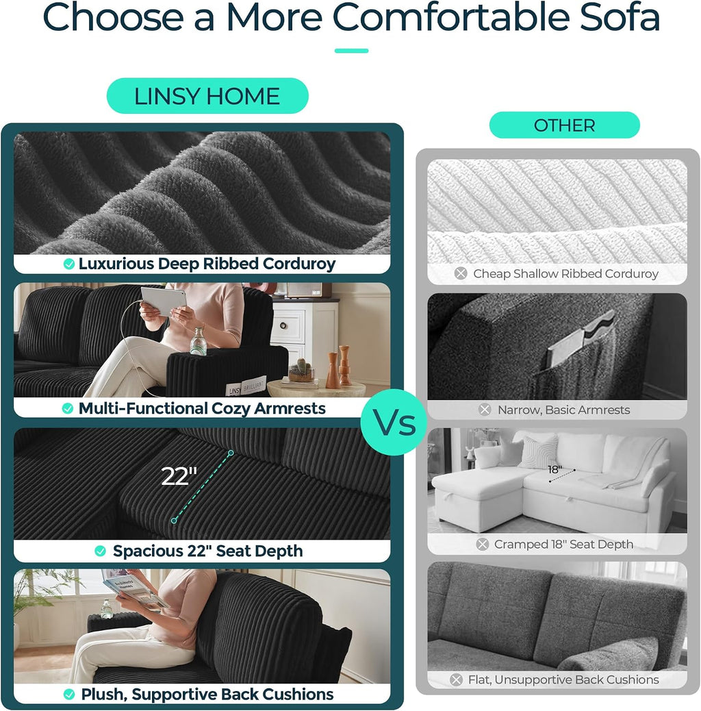 LINSY HOME Sectional Sleeper Sofa Pull Out Couches for Living Room (Black, Sleeper Sofa 2) | Pull Out Sofa Bed, Storage, USB Charging, Cup Holders, Plush Corduroy | Pull Out Sofa Bed, Storage, USB Charging, Cup Holders, Plush Corduroy