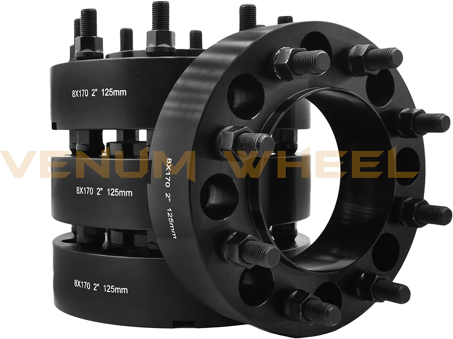 Complete Bolt-On Kit 2' Thick Black Hub Centric Wheel Spacers Adapters (True Hub Centric) With Lip M14x1.5 Studs Lug Nuts Made In USA Works With F-250 F-350 SRW Excursion
