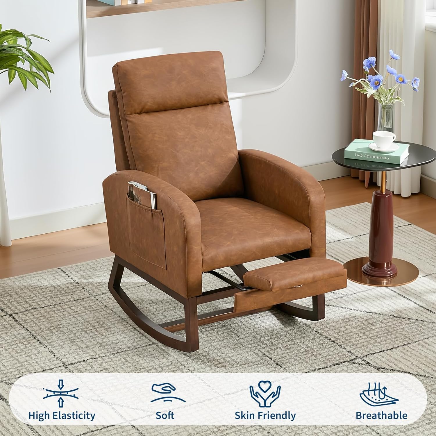 Rocking Nursery Chair for Mom Nursery,PU Rocking Chairs with Foot Rest,High Backrest& Wood Legs and Side Pocket for Living Room,Bedroom,Recliner Armchair,Brown