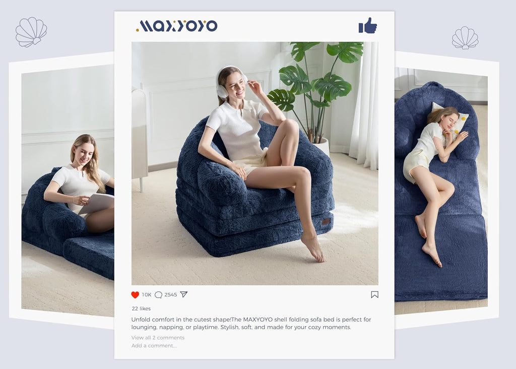 MAXYOYO Folding Sofa Bed, 2 in 1 Convertible Sofa to Lounger Comfy Single Bean Bag Chair for Adults, Floor Sleeper Couch with Handle, Faux Fur Couch Bed for Living Room Bedroom, Navy