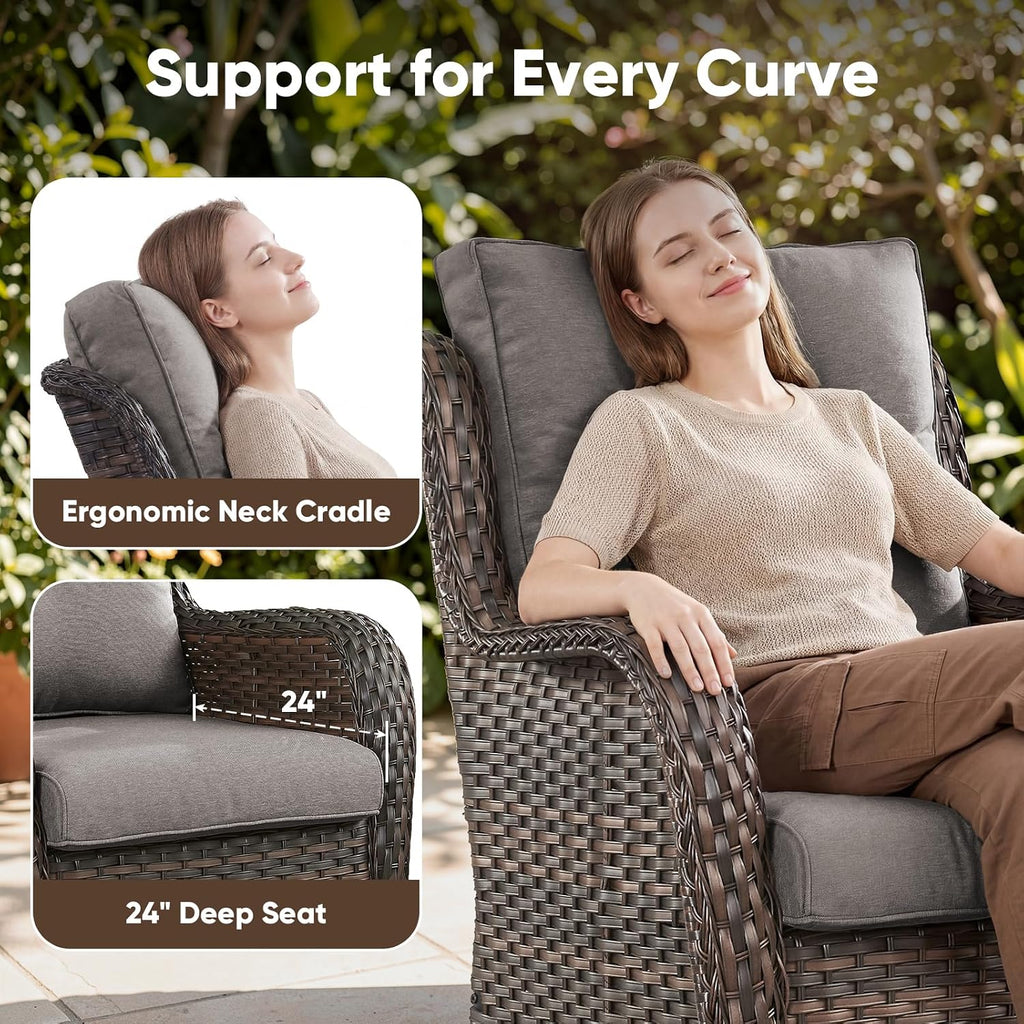 Belord Outdoor Swivel Chairs Set of 2,Patio Wicker Rocker Chairs,All Weather Patio Conversation Furniture Set, Ideal for Porch Balcony Deck Yard, Brown Wicker/Gray