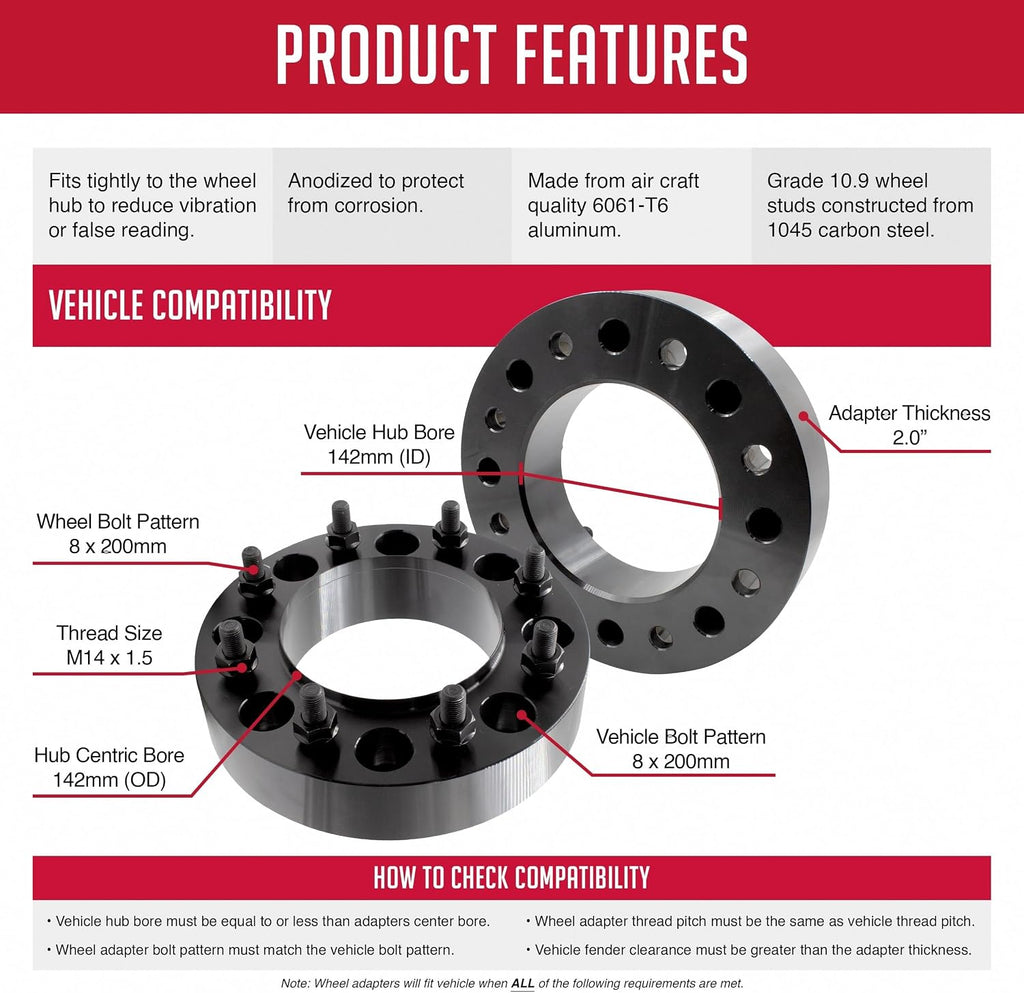 Wheel Accessories Parts 2 Pcs Hub Centric Wheel Spacers 8 on 200mm 8x200mm 2.00 Inch Thick 142mm Hub M14x1.5 14x1.5 Thread Stud Fits 2019+ Ram 3500 2003+ Ford F350 (Dually - Front Only)