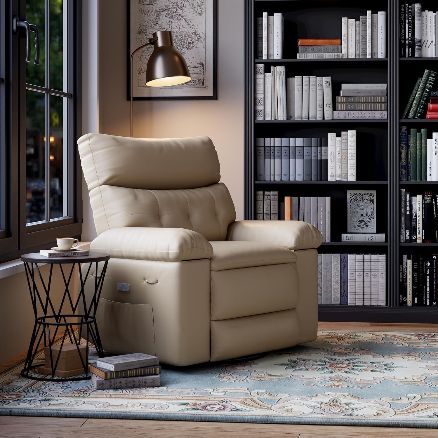 Oversized Recliner Chair with Heating & Massage, XL Faux Leather Nursery Rocking Chairs for Adults with Cup Holder and Side Pockets, Swivel Chair for Living Room, Bedroom Beige