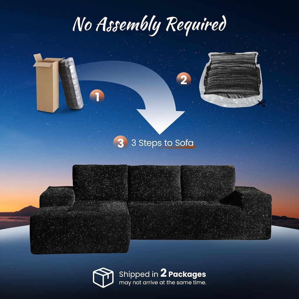 ovios 115' Cloud Boneless Couch with Glitter Fabric, Moudular Sectional Sofa with Deep Seat, No Assembly Required, Modern Minimalist L Shaped Couches with Chaise for Living Room, Black